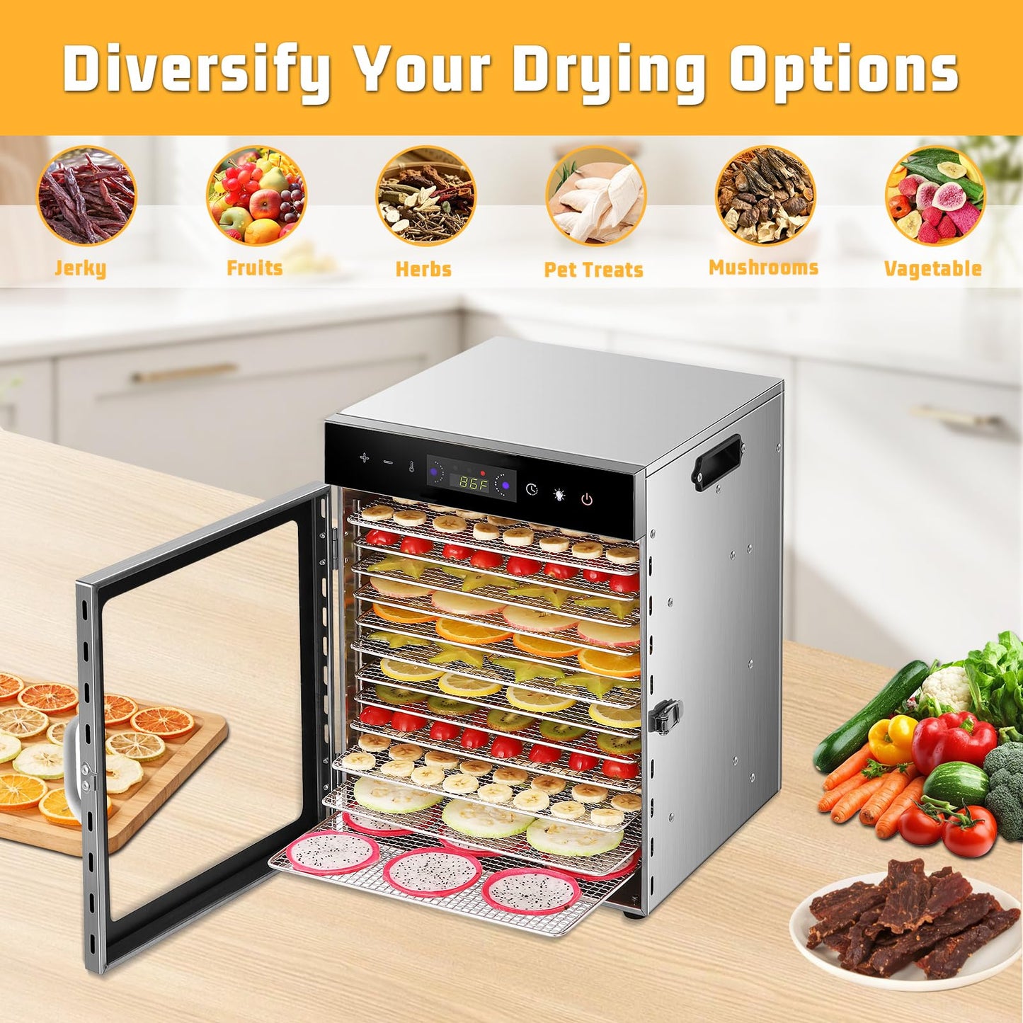 Food Dehydrator Machine with 12 Stainless Steel Trays, 800W Dual-Fan Dehydrator for Home, 24H Timer, 86-194℉ Temperature Control, LED Digital Dispiay for Jerky, Fruit, Vegetable, Herbs, and Dog Treats