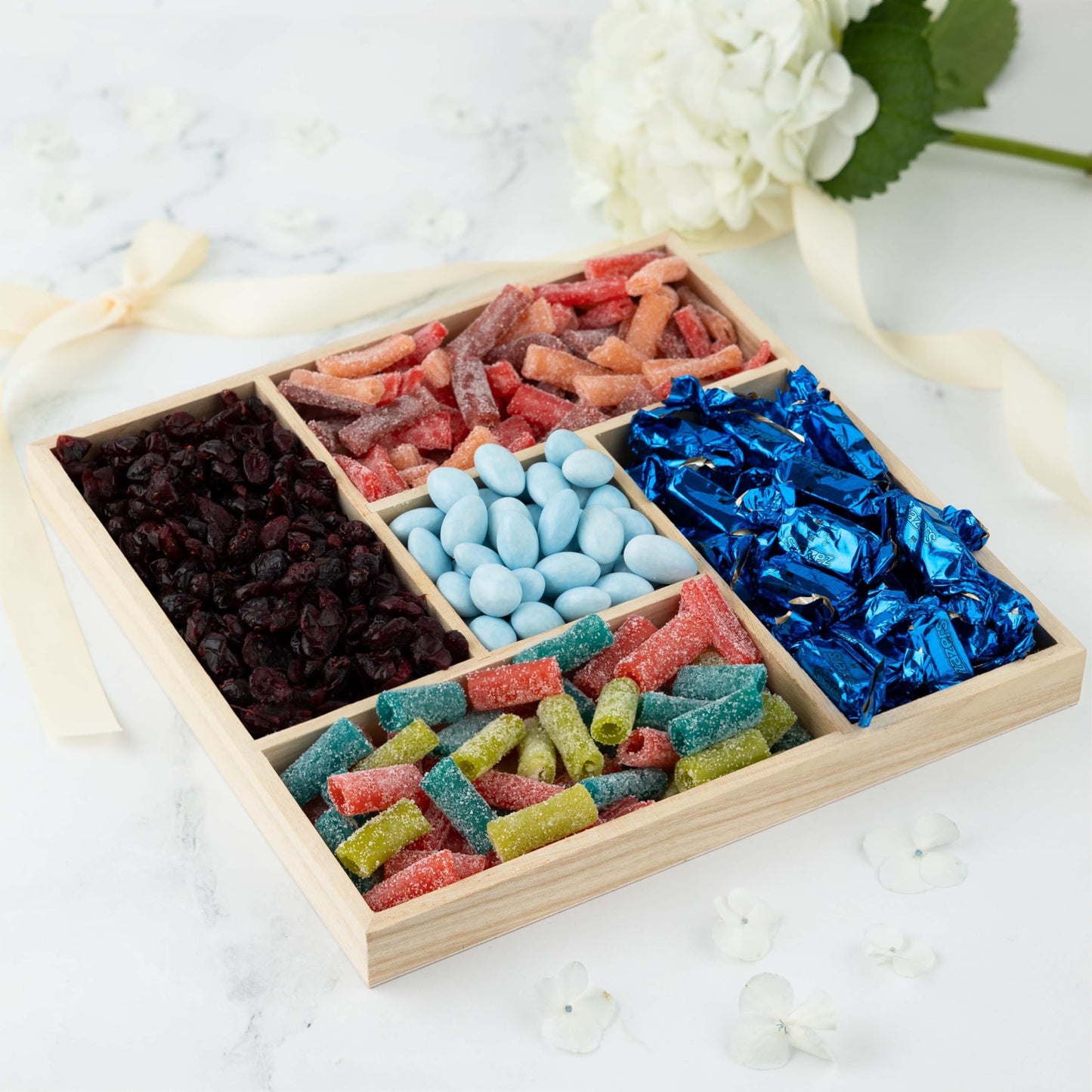 Wooden Candy Platters - Set of 2, 10"x10" Bamboo Square Serving Trays for Parties, Events, and Home Decor - 5 Compartment Candy and Snack Organizer (2 Pack)