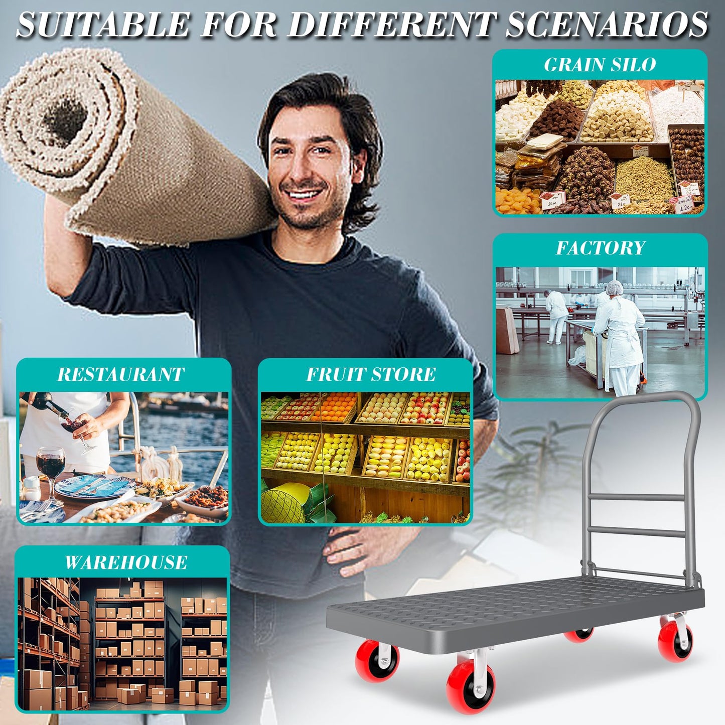 Platform Truck Foldable Flatbed Cart 24'' x 48'' Heavy Duty Push Cart Dolly 2600LBS Capacity Large Platform Cart w/ 5'' Swivel Wheels for Groceries, Garage, Warehouse