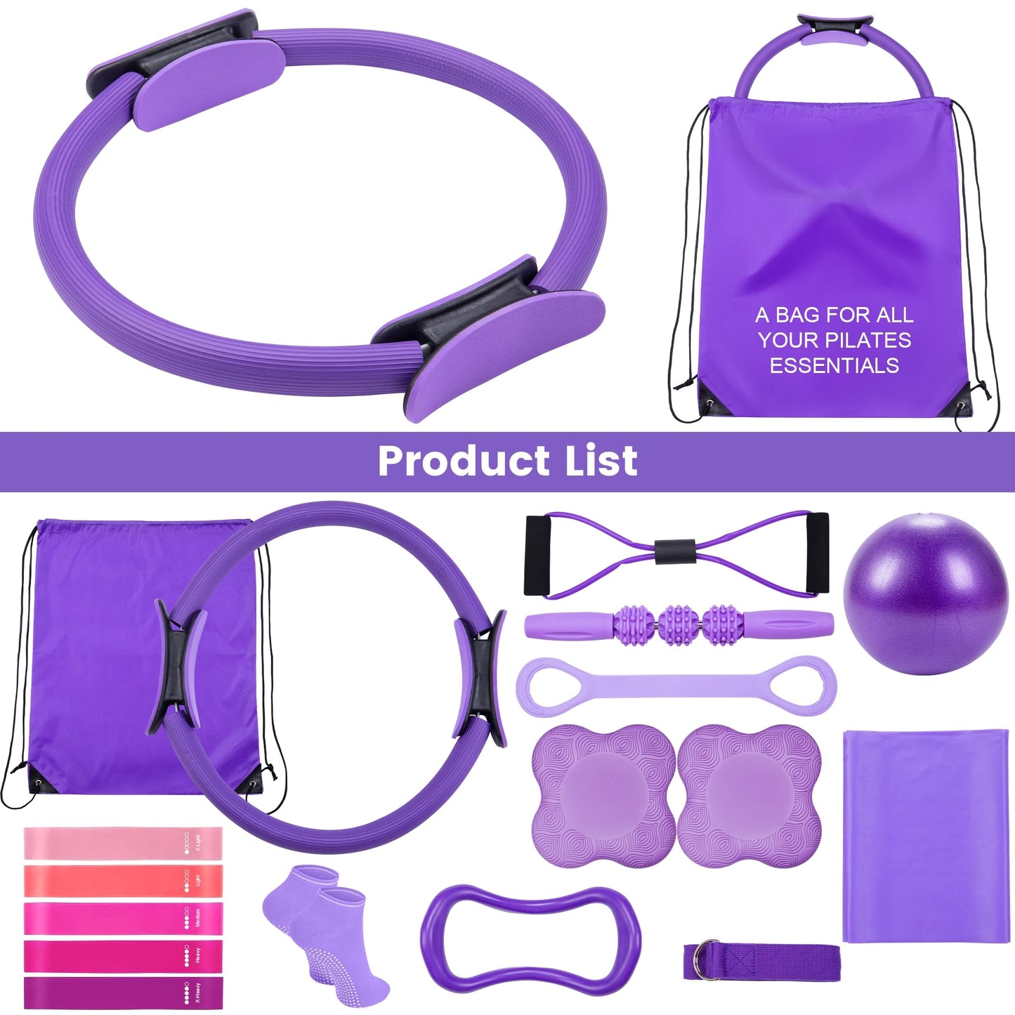 14" Pilates Ring Circle Fitness Set of 17 Equipment Accessories Workouts Includes Pilates Ball Magic Circle Yoga Ring Knee Pads and Resistance Bands for Women Set Gift for Women Weight Loss (Purple)