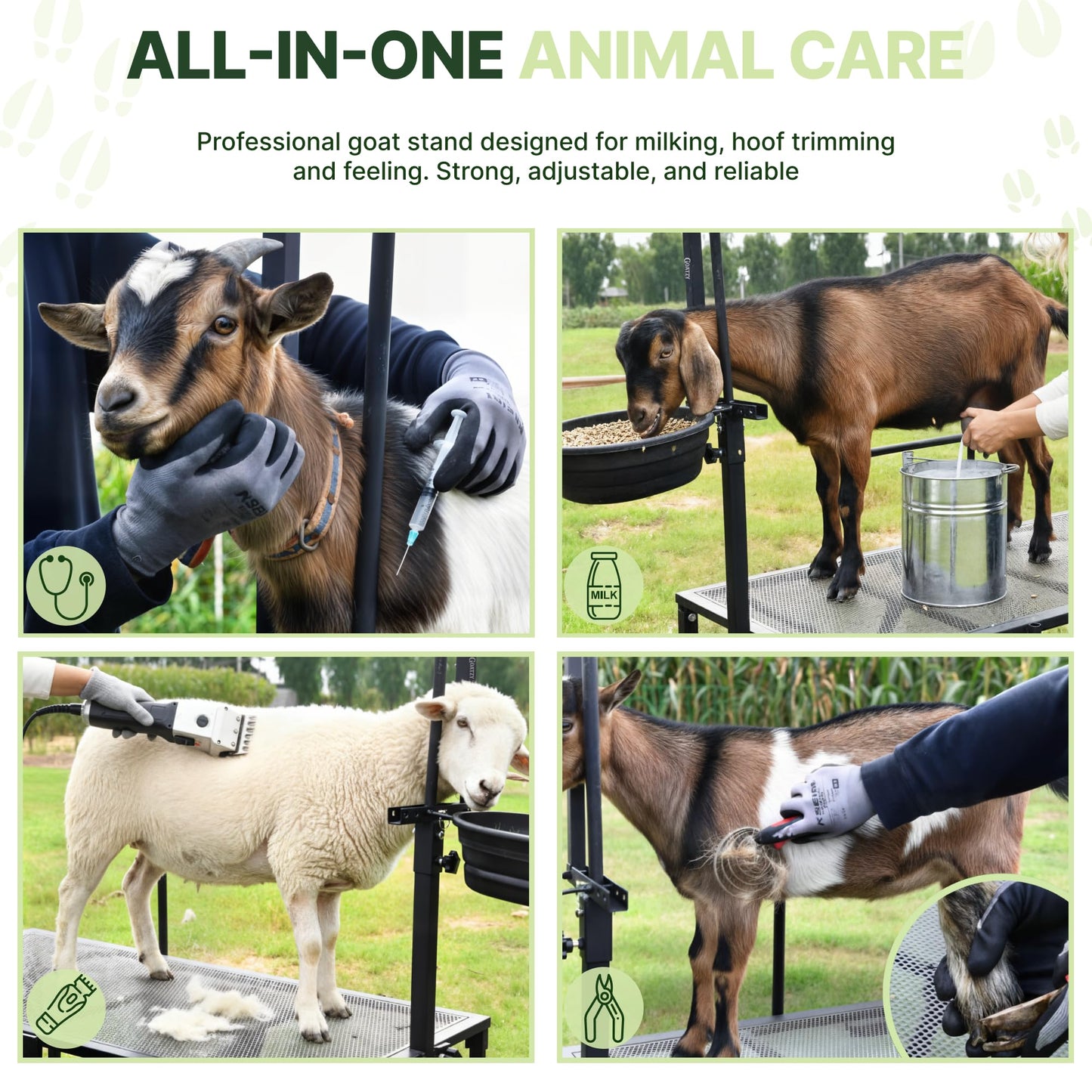Goatzy Goat Stand with Adjustable Headpiece & Legs, Goat Milking Stand with Feeder, Rails & Wheels, Stanchion for Grooming & Hoof Trimming, Sheep Stand for Shearing Heavy-Duty Steel Platform, Black