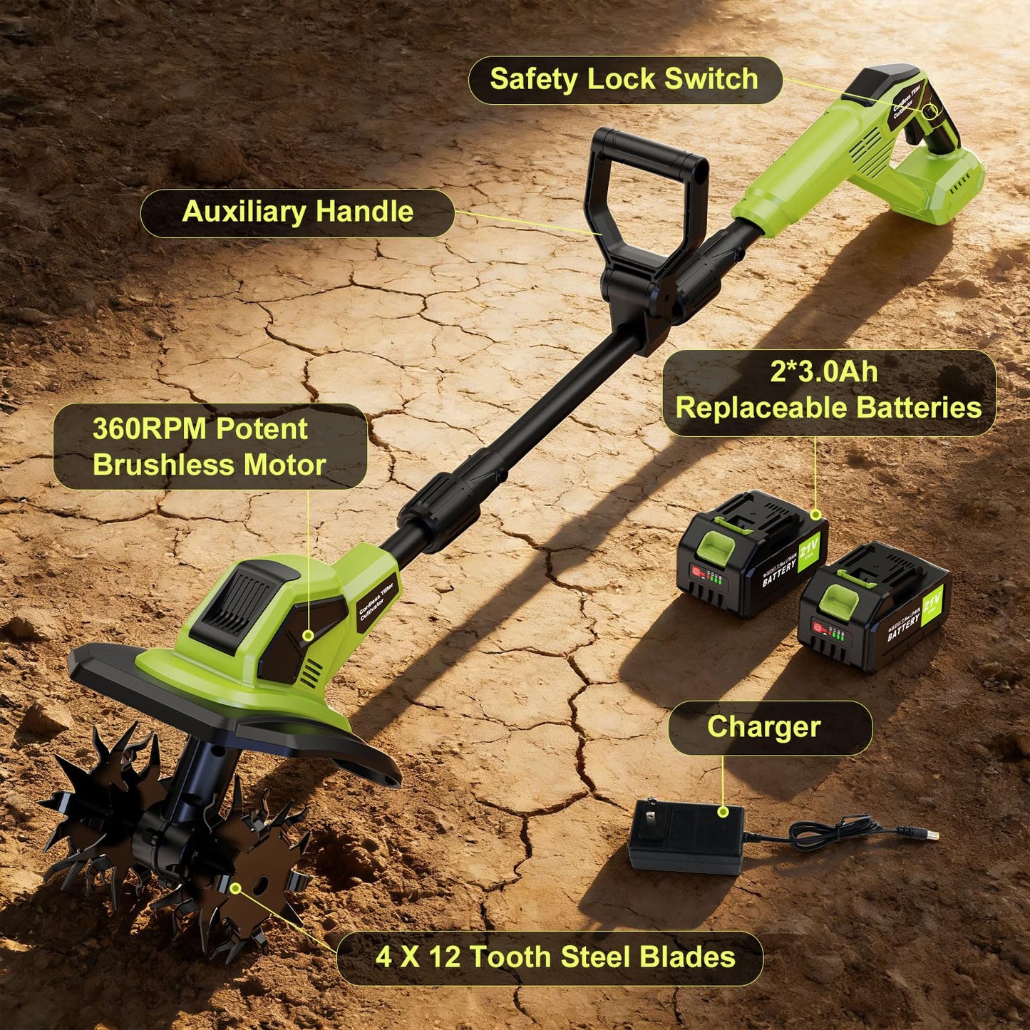 Cordless Tiller Cultivator, 21V Lightweight Tiller for Gardening with 2 * Batteries, Brushless Electric Tiller with 48 Steel Tines, 400RPM, 9.5" Tilling Width, 7" Depth for Gardening、Soil Turning