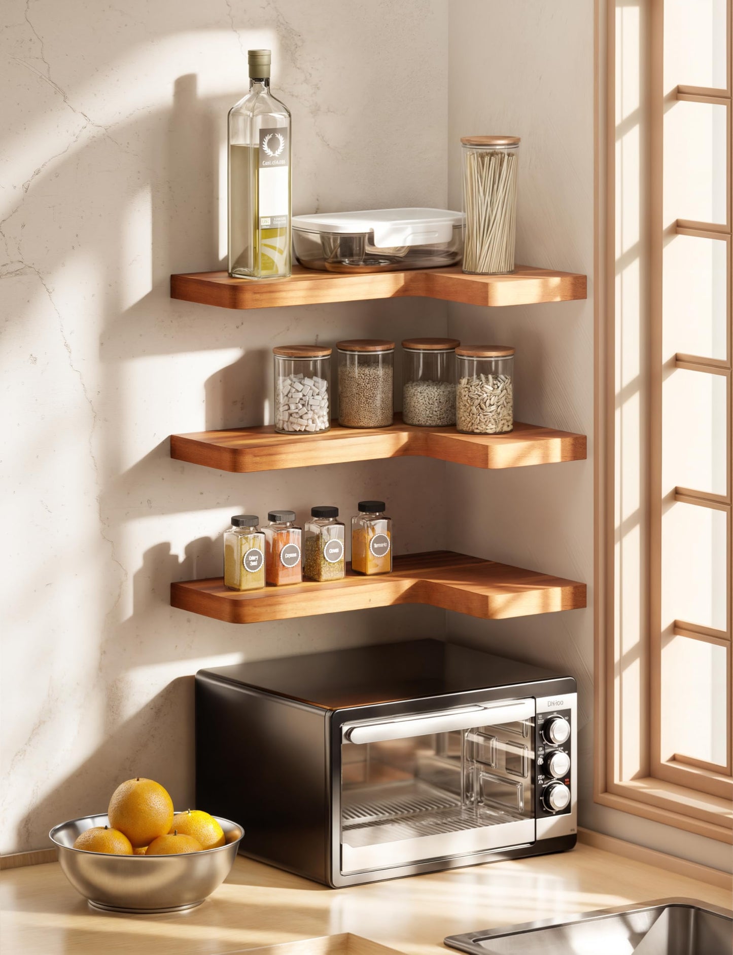 BATODA Acacia Wood Corner Floating Shelves 17" x 12"– Corner Shelf Wall Mounted - Floating Book Shelves for Wall - Brackets and Shelving Hardware Included for Kitchen, Living Room, Bathroom (Set 2)