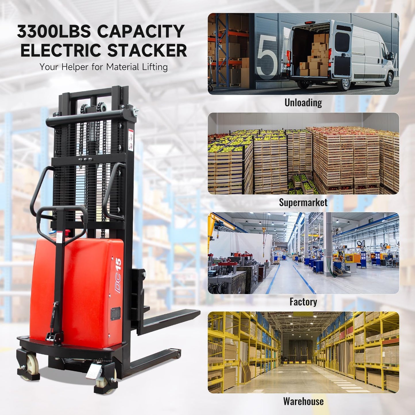 Fworkleft Semi-Electric Pallet Stacker, 3300 lbs Capacity, Lithium Battery Powered Walkie Stacker with 98" Lift Height, Electric Drive & Manual Lift for Warehouse & Shop