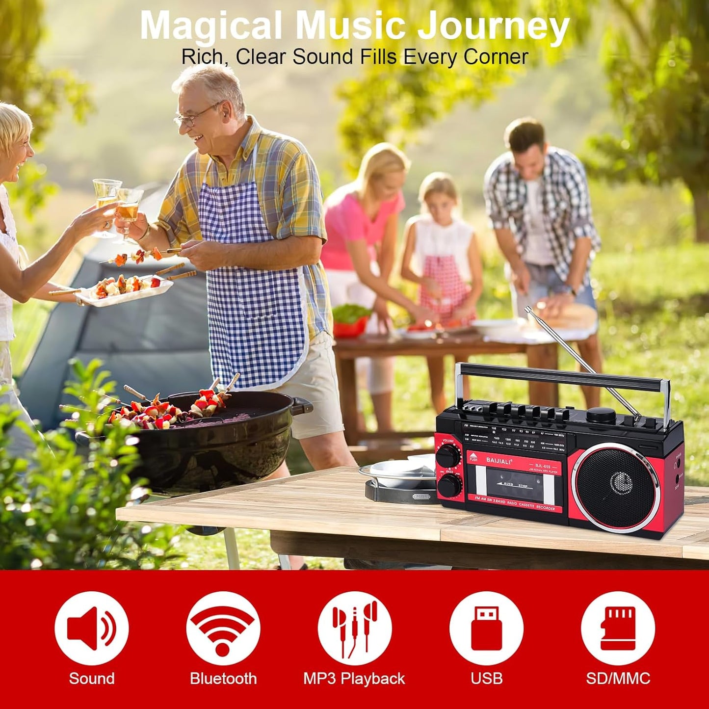 BAIJIALI Cassette Portable Player with AM/FM/SW Radio & BT, Boombox for Home and Travel, Record from Radio, Play via