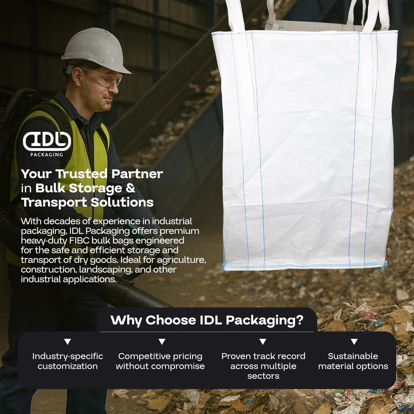Bulk Construction Bags 35"Lx35"Wx50"H, 5-Pack - USA-Made Open Top, Flat Bottom Bulk Bags 2200 lbs Load Capacity - Heavy-Duty Super Sack for Handling Sand, Gravel & Demolition Debris by IDL Packaging