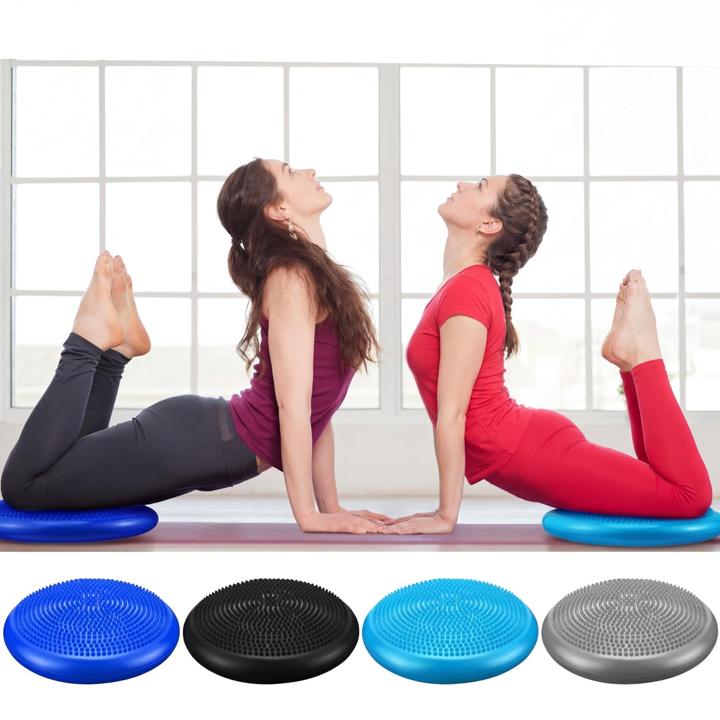 Sotiff 4 Pcs Inflated Wobble Cushion Flexible Wiggle Seat 14” L x 3.2” H Stability Balance Disc with Pump for Sensory Adult Physical Exercise Equipment(Black, Gray, Dark Blue, Light Blue)