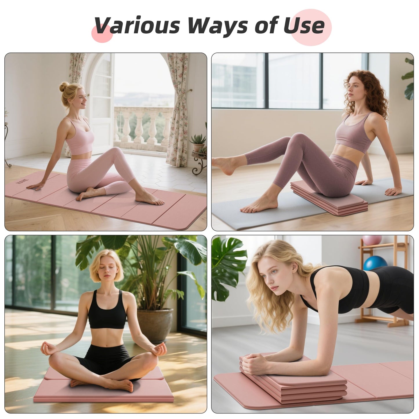 Foldable Yoga Mat, 74"Lx32"Wx1/3"Thick, Folding Exercise Mat, Non-slip Wide Pilates Mats for Home Workout/Travel, Portable Yoga Mat Thick for Yoga/Pilates/Camping/Floor Exercises (Bright Pink)