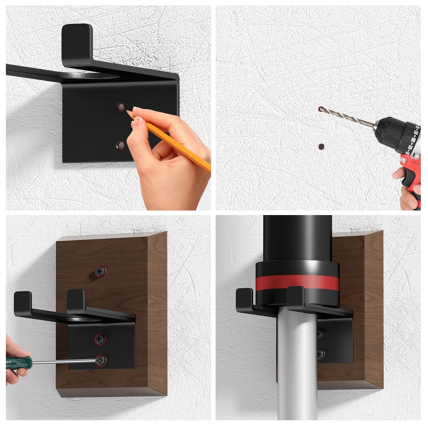 DEMEGA Barbell Wall Mount, Olympic Barbell Holder for Garage Gym, Vertical Bar Rack with Wooden Spacer Pad - Black Powder Coated Iron & Rubber Wood Base, Anti-Scratch Wall Protection & Extra Stability on Uneven Walls - Space Saving Home Gym Accessory, Bar