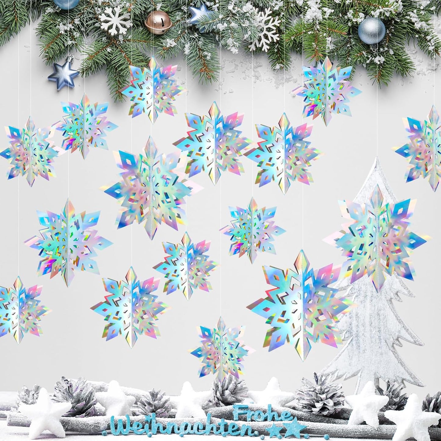 Skiennix 12Pcs Winter Snowflake Ornaments - 3D Iridescent Hanging Decorations | Perfect for Holiday Home Decor