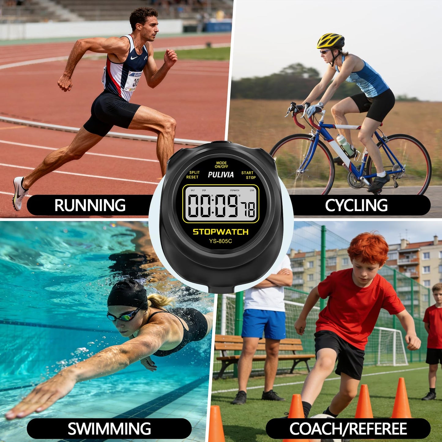PULIVIA Stopwatch Timer with Countdown, Simple Operation Digital Stop Watch for Sports, Countdown-Alarm Button-Sound, AAA Battery Included (Black)