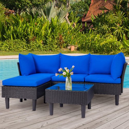FDW Patio Furniture Set - 5-Piece Outdoor Sectional Sofa & Wicker Chairs with Blue Cushions | Perfect for Garden & Poolside