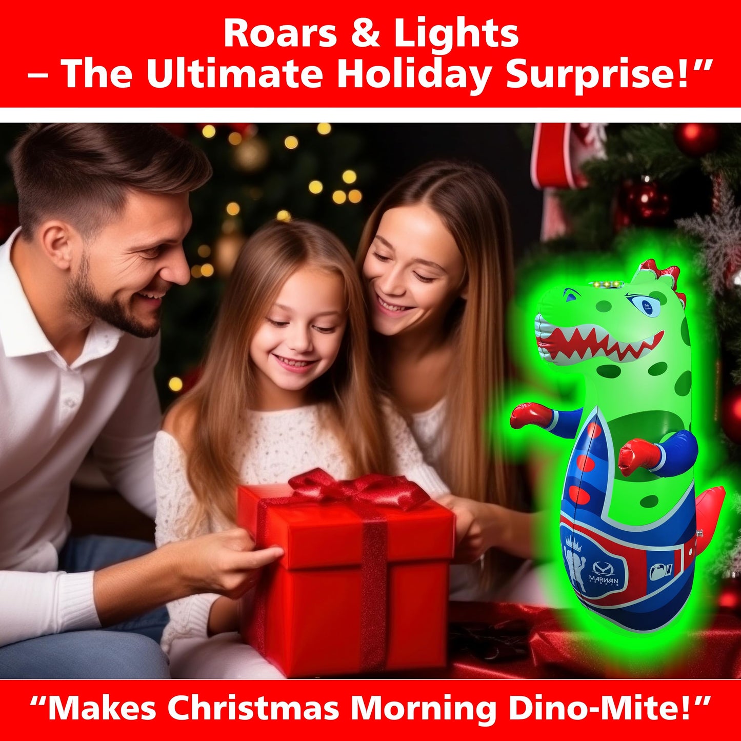 Marwan Sports Punch, Light & Roar Dinosaur Punching Bag – 47" Inflatable Bop Bag for Kids Ages 3-14 | Bounce-Back Toy with Lights & Roaring Sounds | Active Play Gift for Toddlers & Children