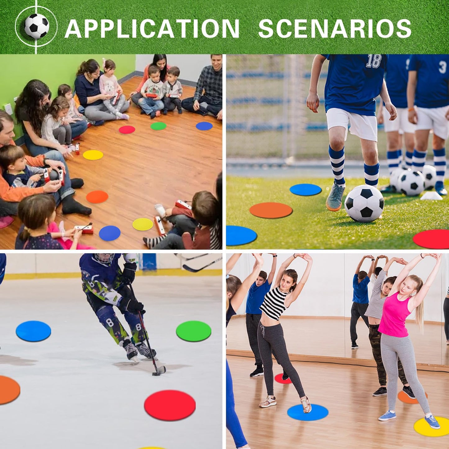 PIKZH Poly Spot Markers 4 inch 12 Pcs Non-Slip Rubber Agility Training Markers Floor Dots Flat Field Cones for Football, Soccer Ball, School Exercise Drills, Gym Dance Practice TPE