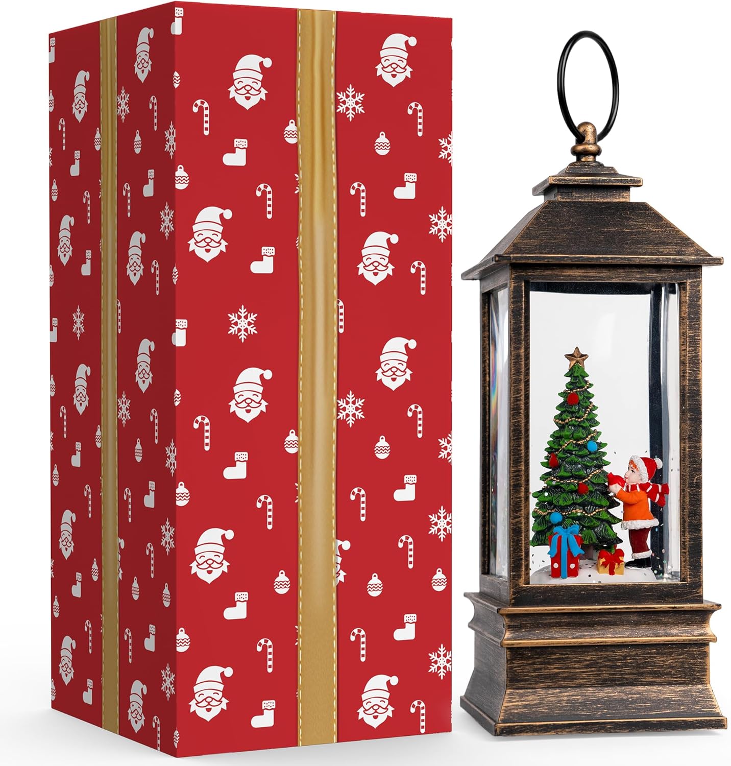 Skiennix 10'' Snow Globe Christmas Lantern - Musical & Lighted with Swirling Glitter | Battery or USB Powered