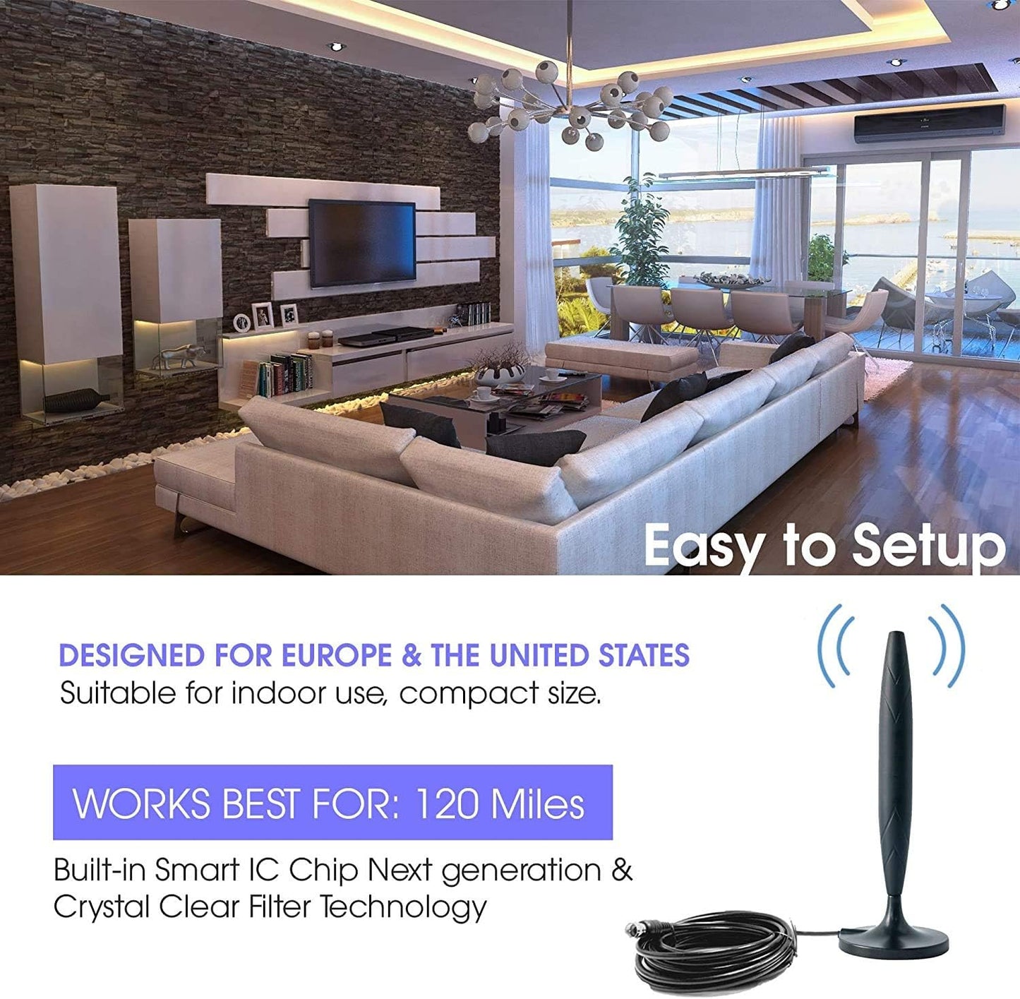 Merajab 9.8f TV Antenna for Digital Indoor-HD High Definition Television Smart Signal Strength Amplifier Premium Power