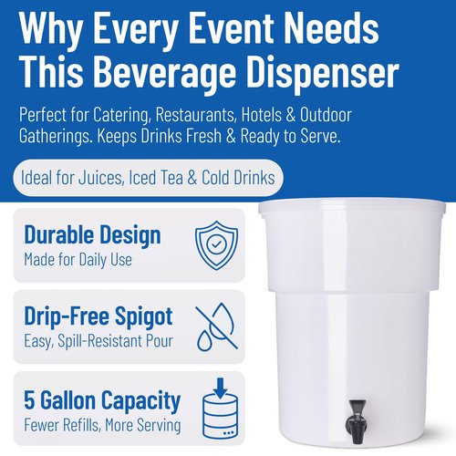 Carlisle FoodService Products Round Beverage Dispenser Drink Dispenser with Spigot for Catering, Plastic, 5 Gallons, White