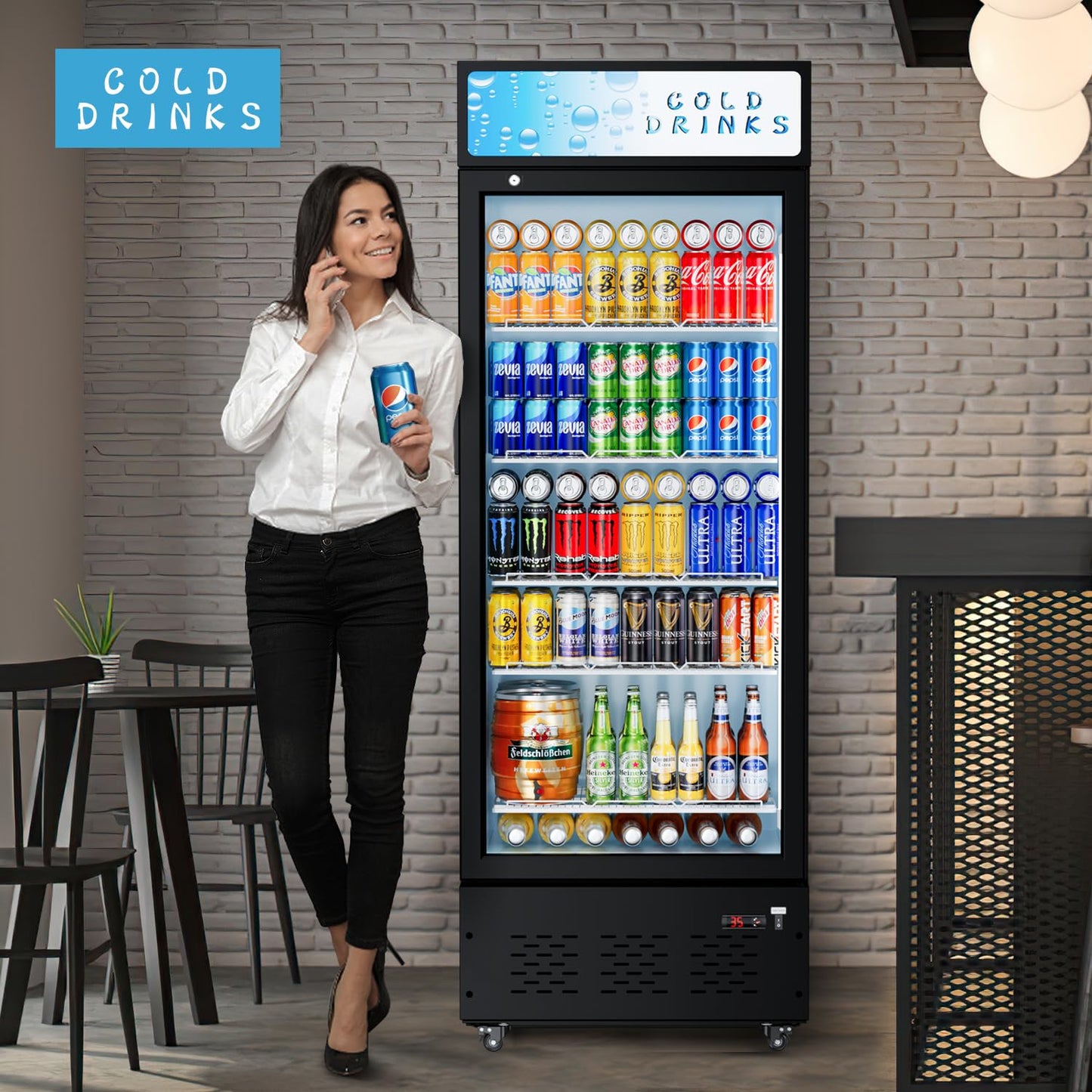 ECEVT 25.7'' W Commercial Refrigerators with Glass Door, 15 Cu.ft. Beverage Refrigerators Commercial Fridge Upright Display Cooler with Soft LED Light and Adjustable Shelves for Restaurant Stores