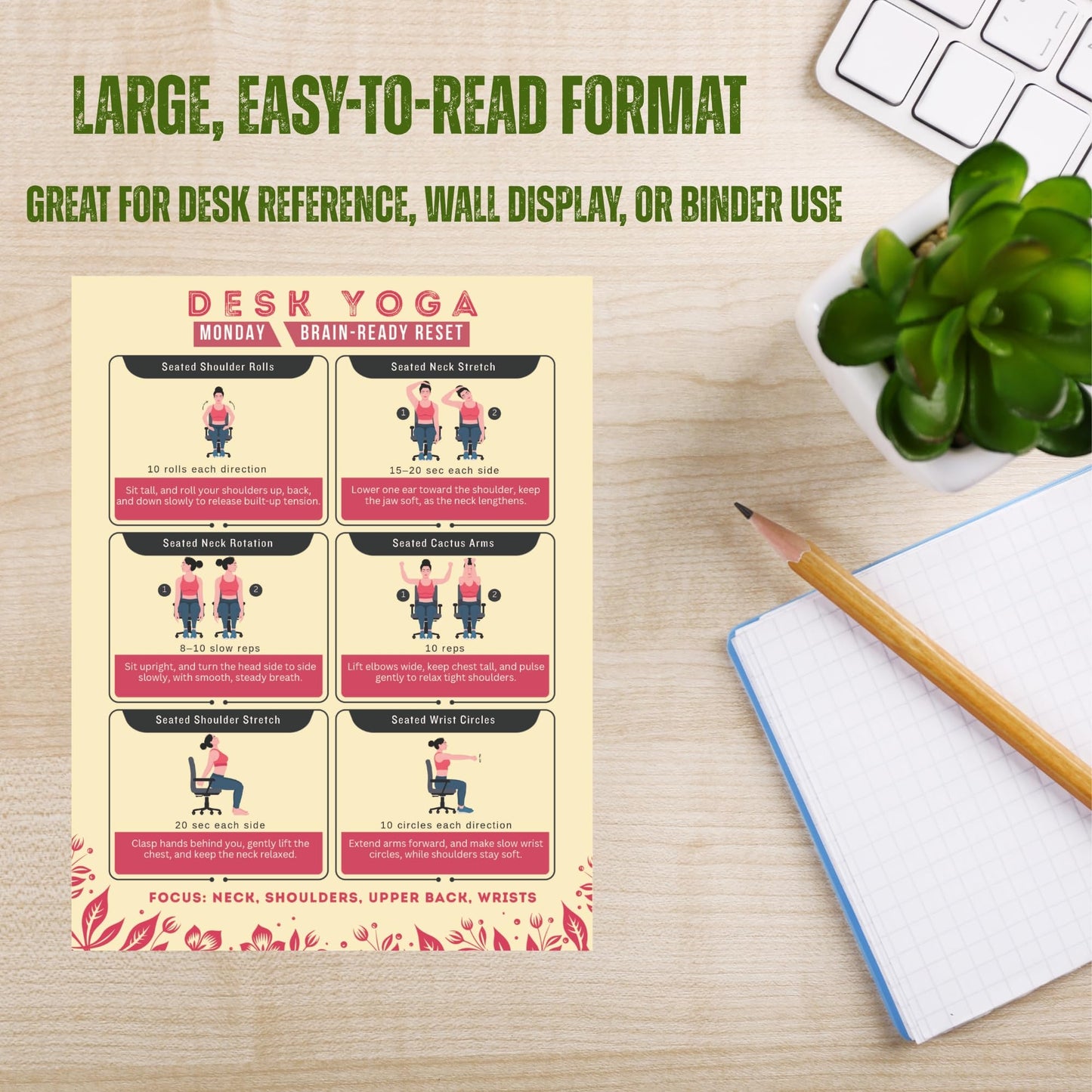 Auroscent Desk Yoga 7-Day Seated Stretching Routine β Chair Yoga Workout Charts, Office Exercise Program for Neck, Shoulders & Back, Daily Mobility & Stretch Guide for Home or Work