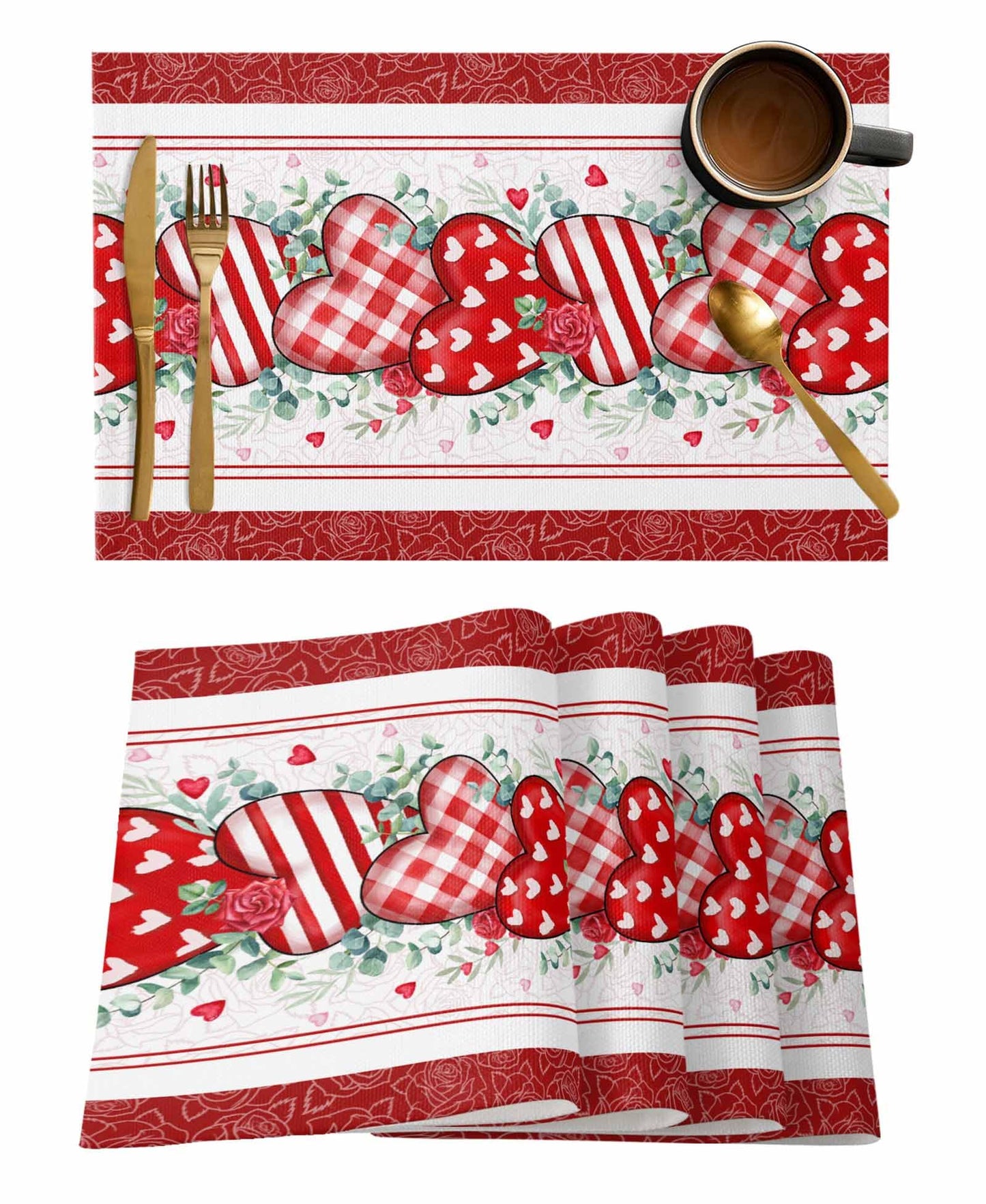 Valentines Day Placemats Set of 6 Washable Table Mats for Kitchen Dining Table, Love Rose Heart Heat-Resistant Cotton Linen Place Mats for Indoor Outdoor Parties Holiday Decoration, Red