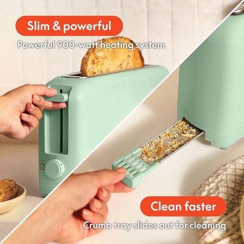Bella 2 Slice Slim Toaster - 6 Setting Shade Control & Reheat | Fits Sourdough, 10” Long Slot, Seaglass