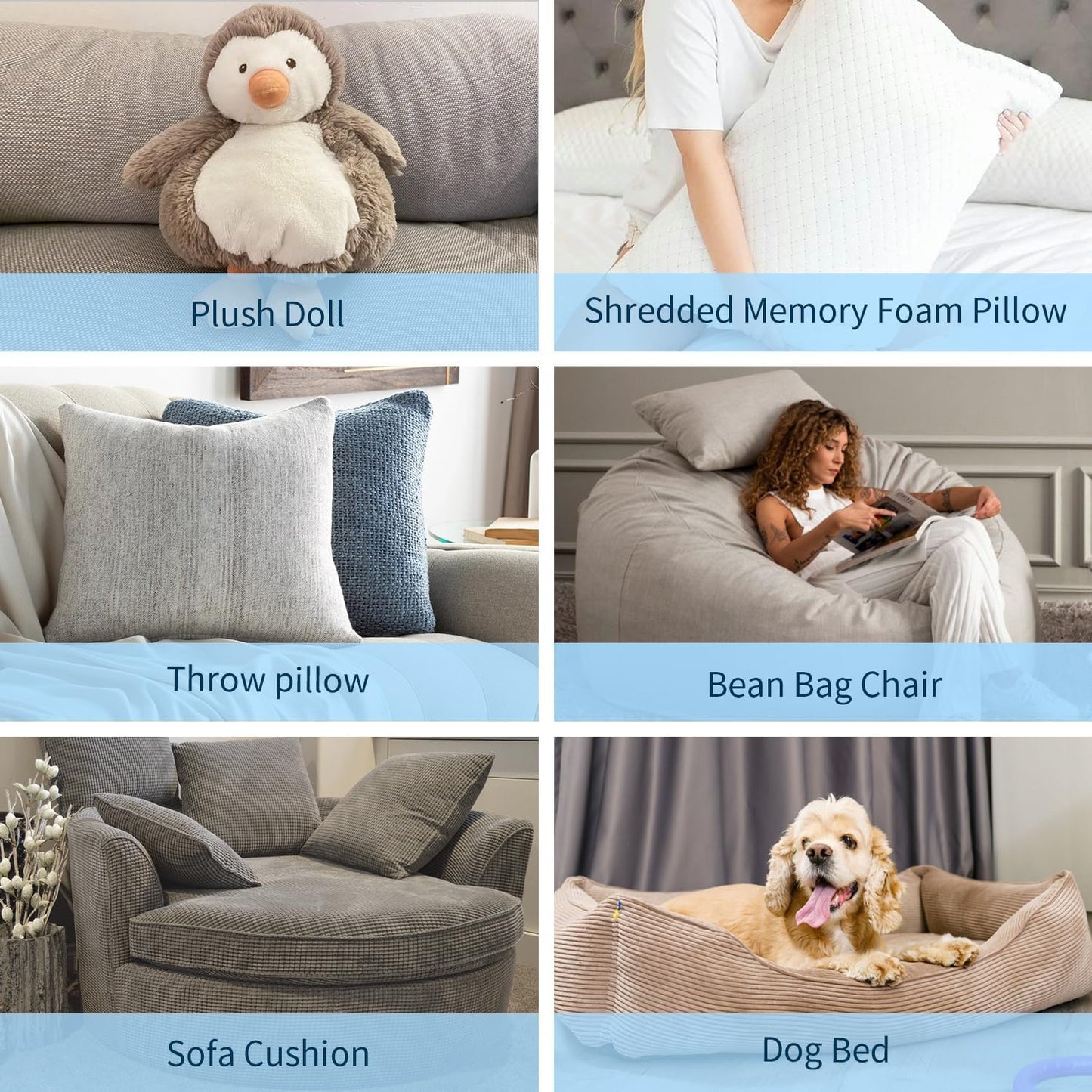 Jecqbor Bean Bag Filler, 40 lbs Shredded Memory Foam Filling, Soft Pillow Stuffing Bean Bag Refill Foam for Couch, Cushion, Stuffed Animals, Dog Bed, Arts Crafts