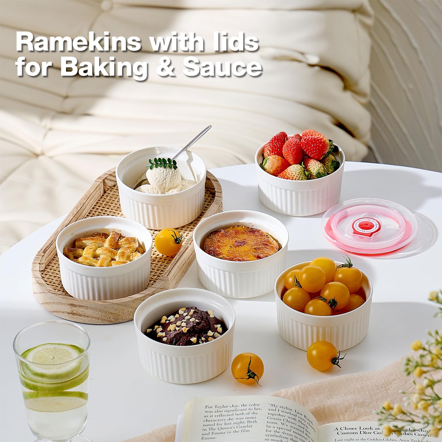 Mfacoy Ramekins with Lids Set of 6, 8 oz Porcelain Creme Brulee Souffle Ramekins with Covers, White Pudding Custard Cups Ramiken for Baking, Small Bowls for Sauces Dessert, Dishwasher and Oven Safe