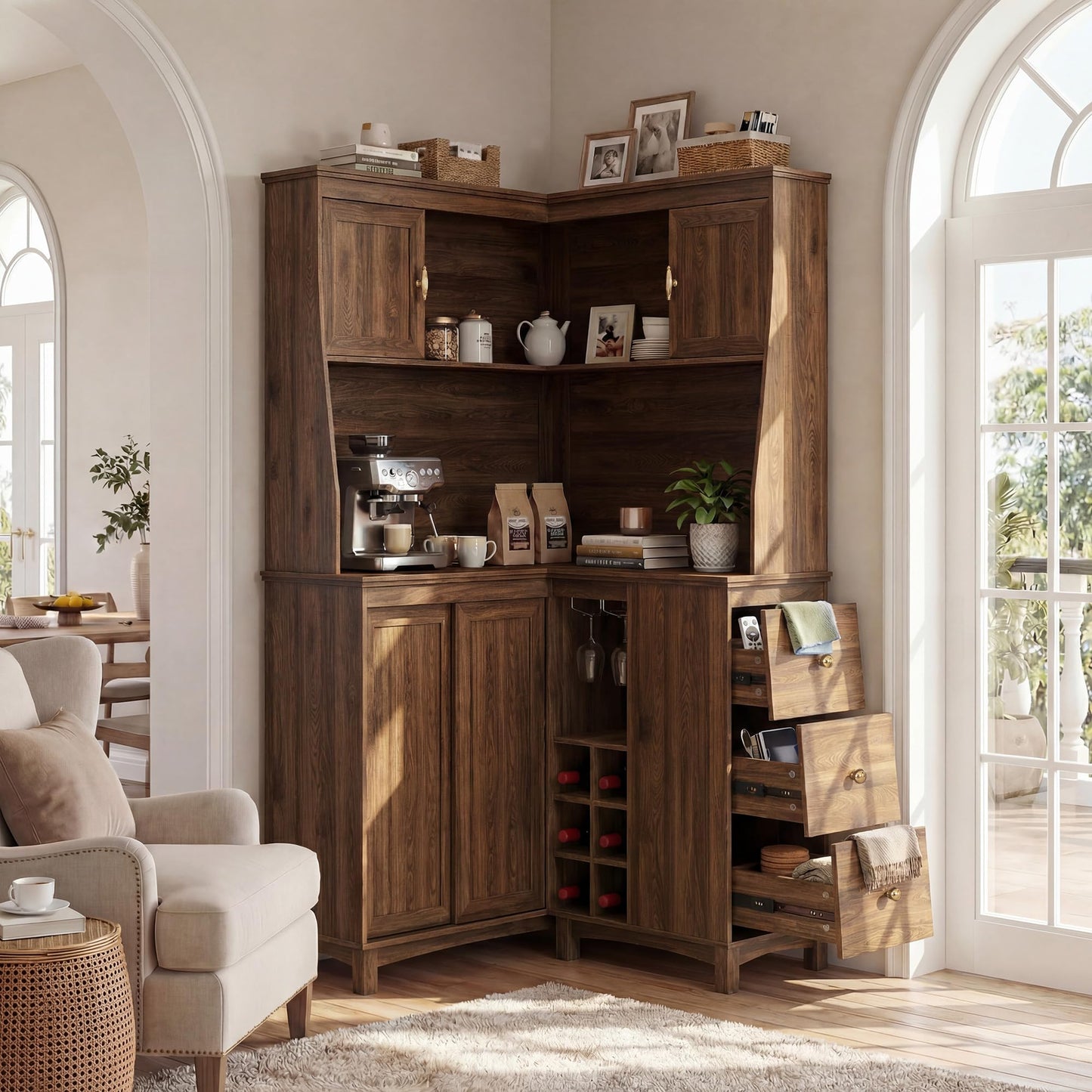 STO’Sense 71" Tall Corner Cabinet w/Charging Station,L-Shaped Kitchen Pantry Storage Cabinet w/3 Drawers,Countertop,Wine Rack,Shelves,Glass Holder&Sliding Door, Large Microwave Stand Hutch, Walnut