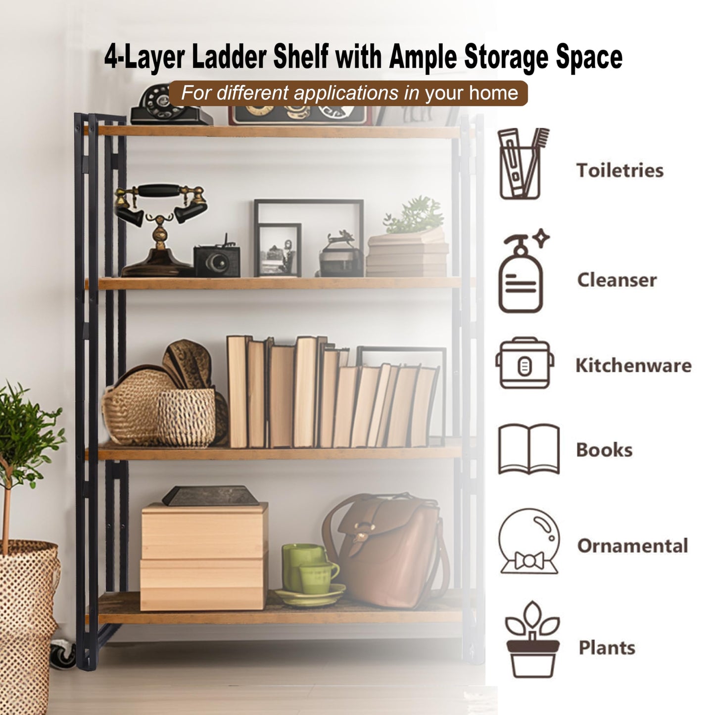HIBOAT 47" 5-Tier Bookshelf Rustic Wood and Metal Industrial Bookshelf for Home Office, Bedroom, Kitchen, Bathroom (Rustic Brown, 5-Tier)
