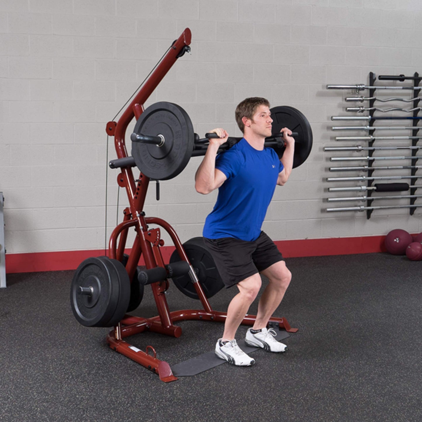 Body-Solid (GLGS100 Corner Leverage Gym for Strength Training, 3 Station Exercise Equipment, Red