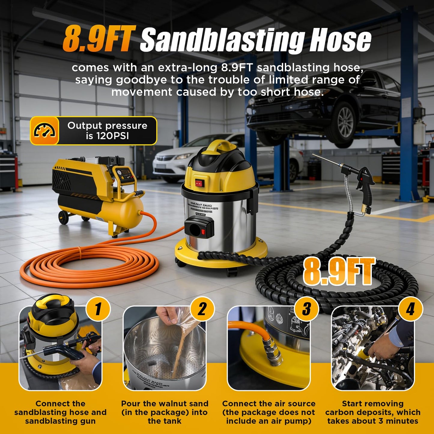 Walnut Blaster Kit for Carbon Cleaning with 2kg Walnut Sand Blaster Machine HTS558 Engine Intake Valve Cleaning Kit 1200W Automotive Engine Carbon Remover with 8.9Ft Sandblasting Hose,5 Adapters