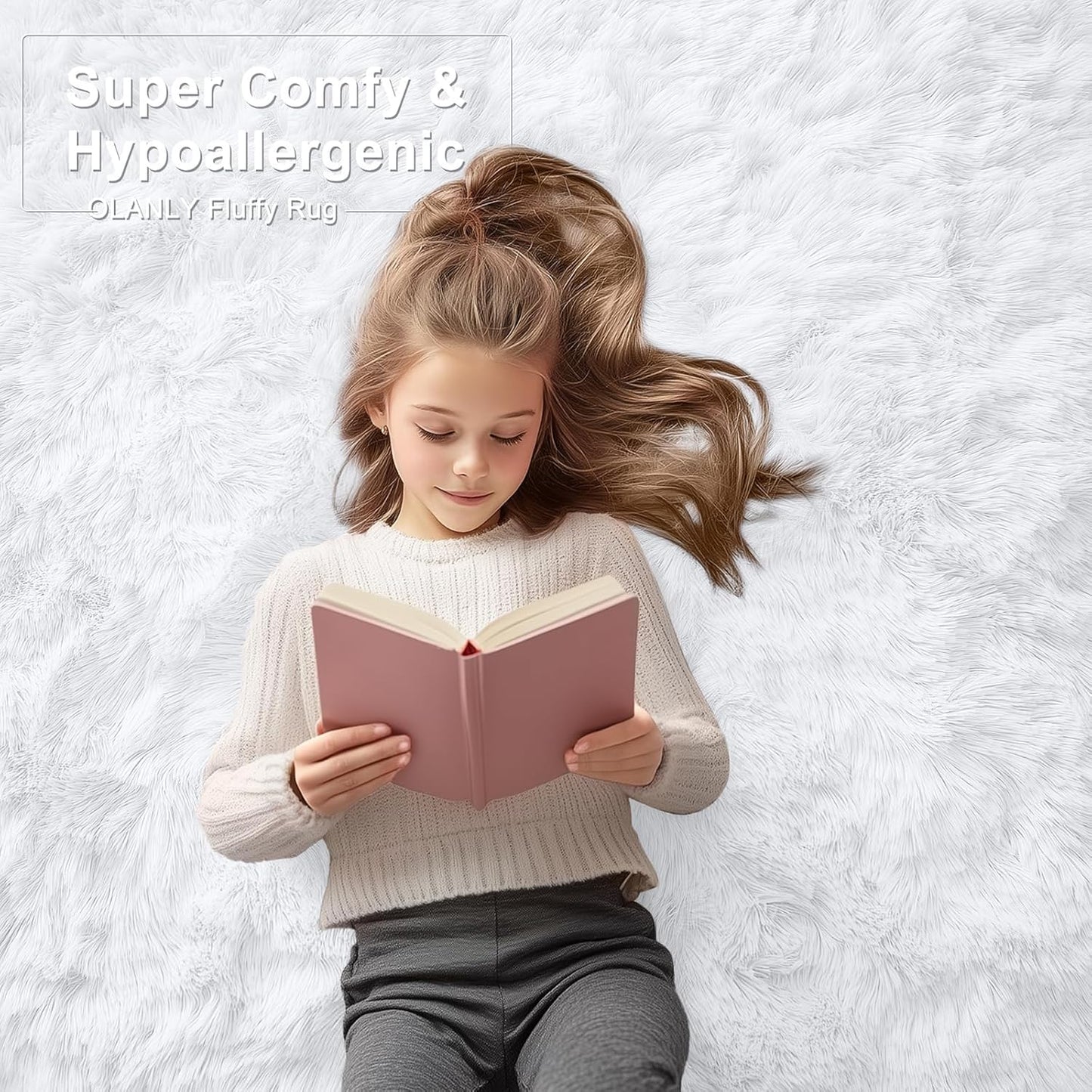 OLANLY Large Area Rug - Soft Fluffy Shaggy Carpet for Living Room & Bedroom | 7x7 ft, White