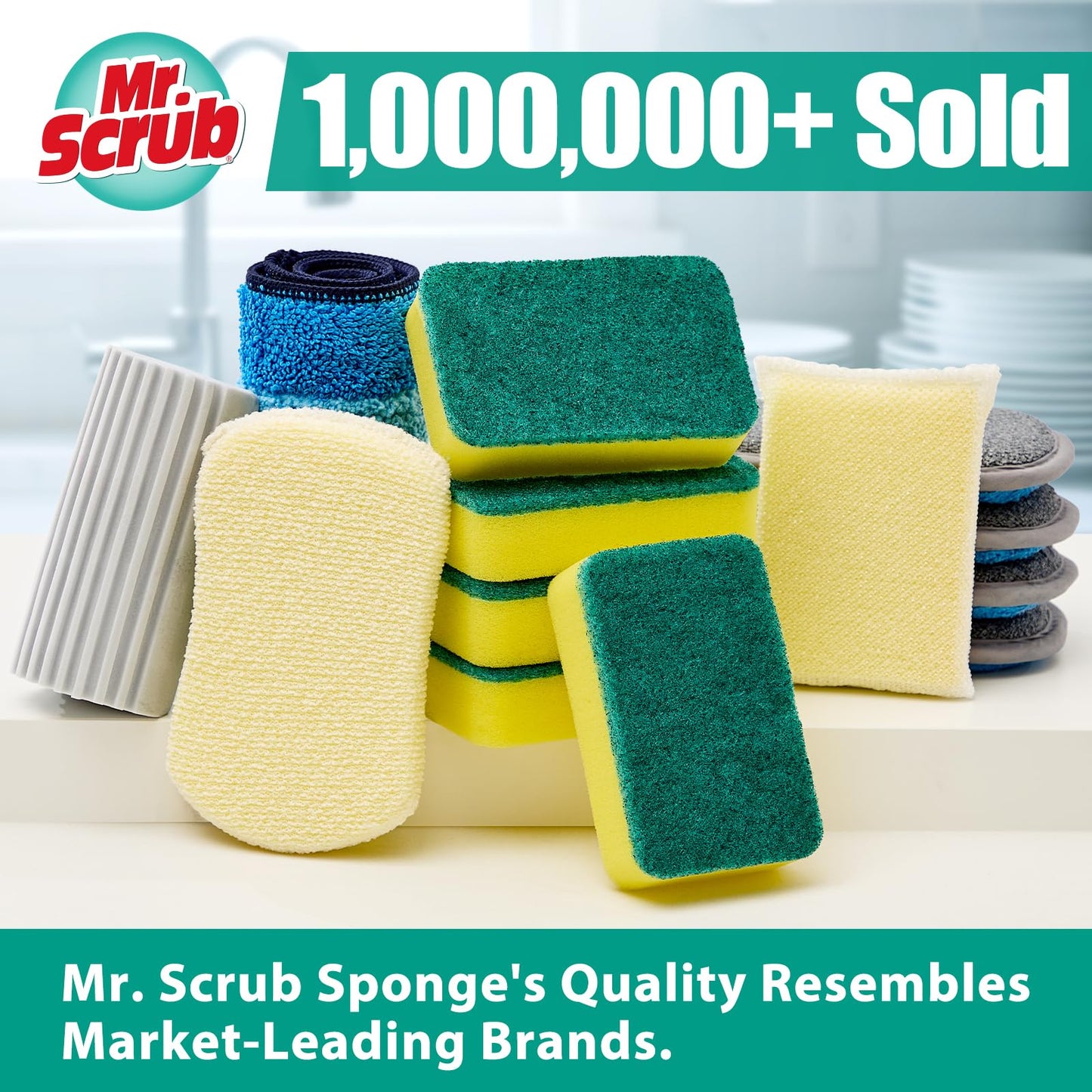 Mr. Scrub Sponges Kitchen Scrub Dish Sponge Scouring Pad, 24 Pack Cleaning Brush Scrubber Supplies for Soap, Dishwashing Dinnerware Sets Pan Pot Towels Cloth Rags Holder Glass Dishwasher Sink Bathroom