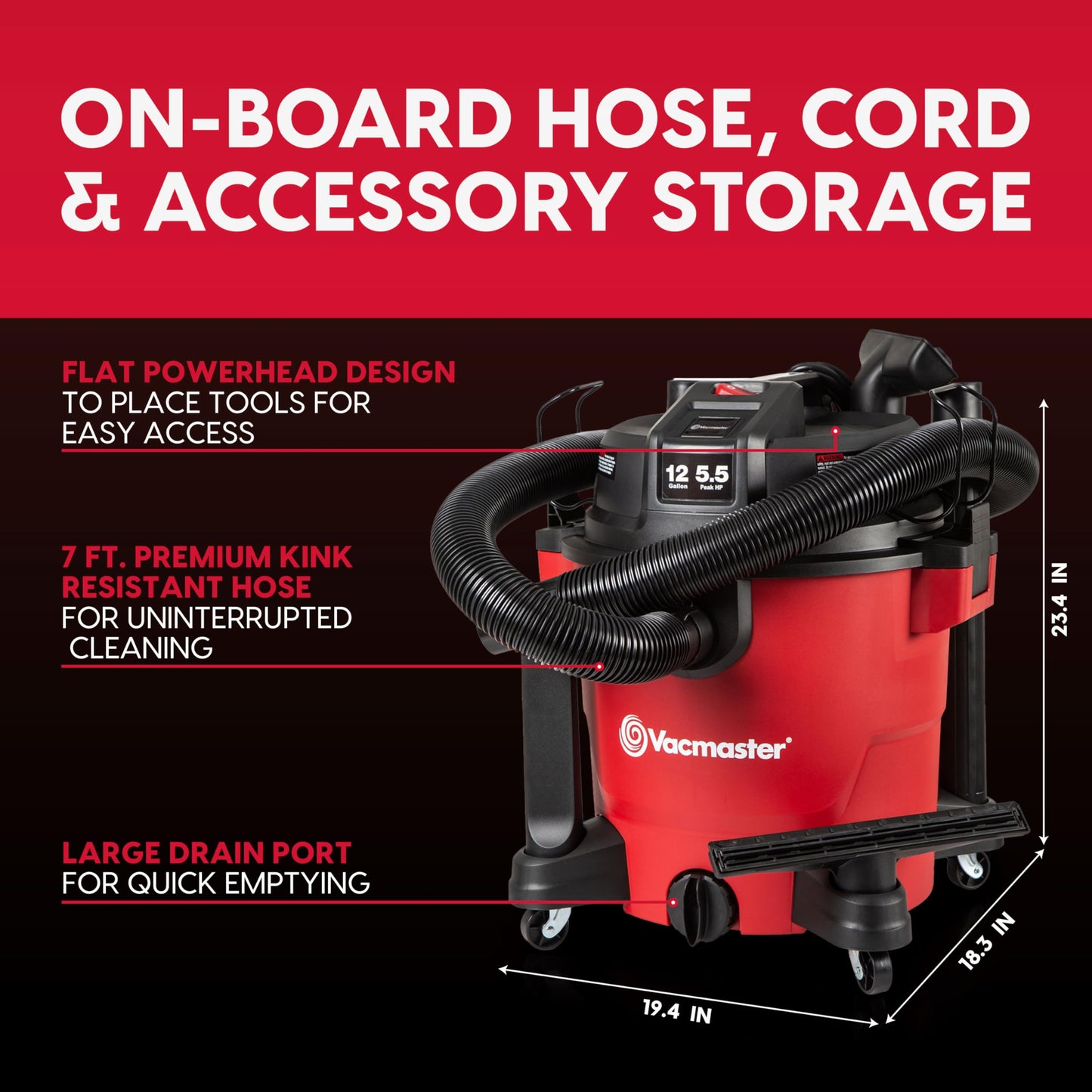 Vacmaster 12-Gallon 5.5 Peak HP Heavy-Duty Wet/Dry Vacuum - VJH1211PF 1101