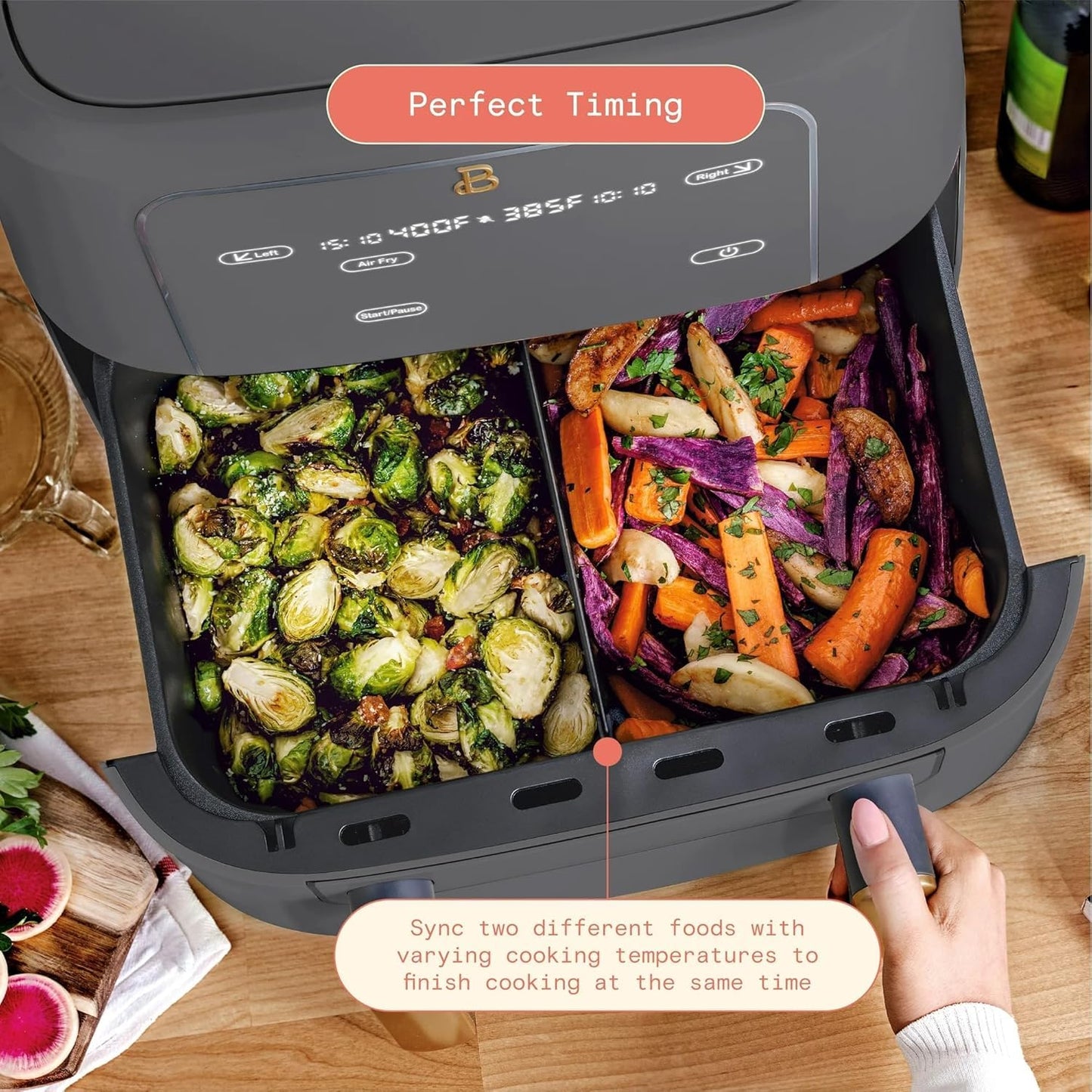Trizone 9-Quart Dual Zone Air Fryer Exclusive with Divider & Crisper Trays, Digital Touchscreen for 2-in-1 Cooking By Drew Barrymoree (Grey)