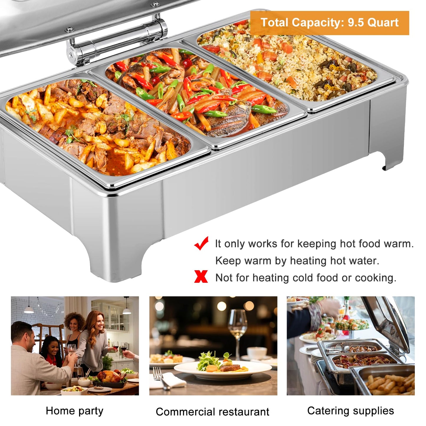 YMJOINMX Electric Chafing Dishes Buffet Set 3 Pan 9.5 Quart Food Servers and Warmers with Cover Adjustable Temperature Stainless Steel Warming Tray Set