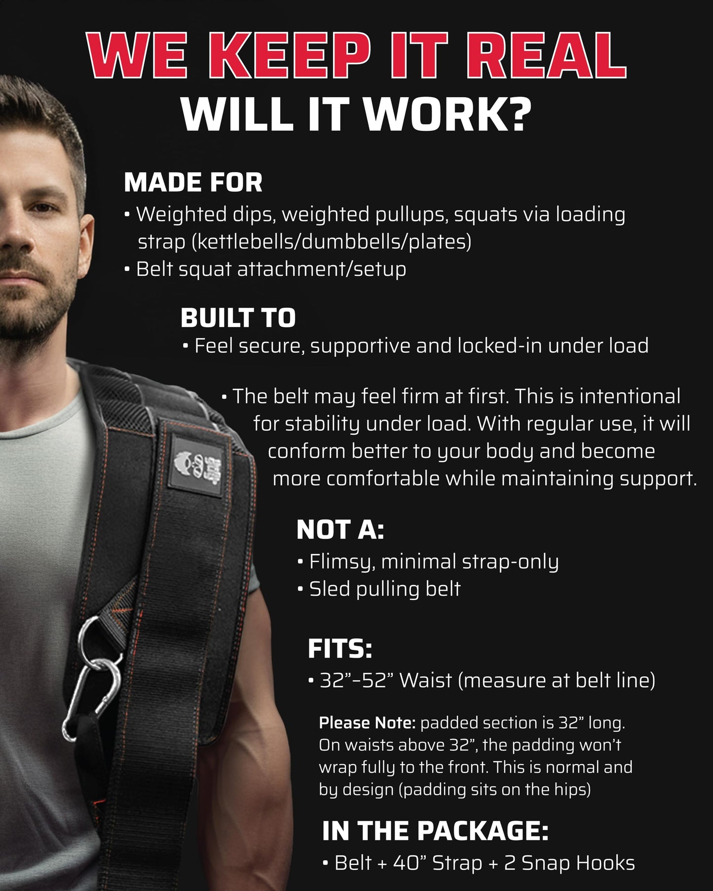 THEFITGUY Dip Belt with Strap – No Slip Secure Closure | 250lb Heavy Duty | Belt Squat Attachment, Weighted Dips, Pull Ups | Structured Back Support | 45-Degree Angle Rings, 2 Snap Hooks Included
