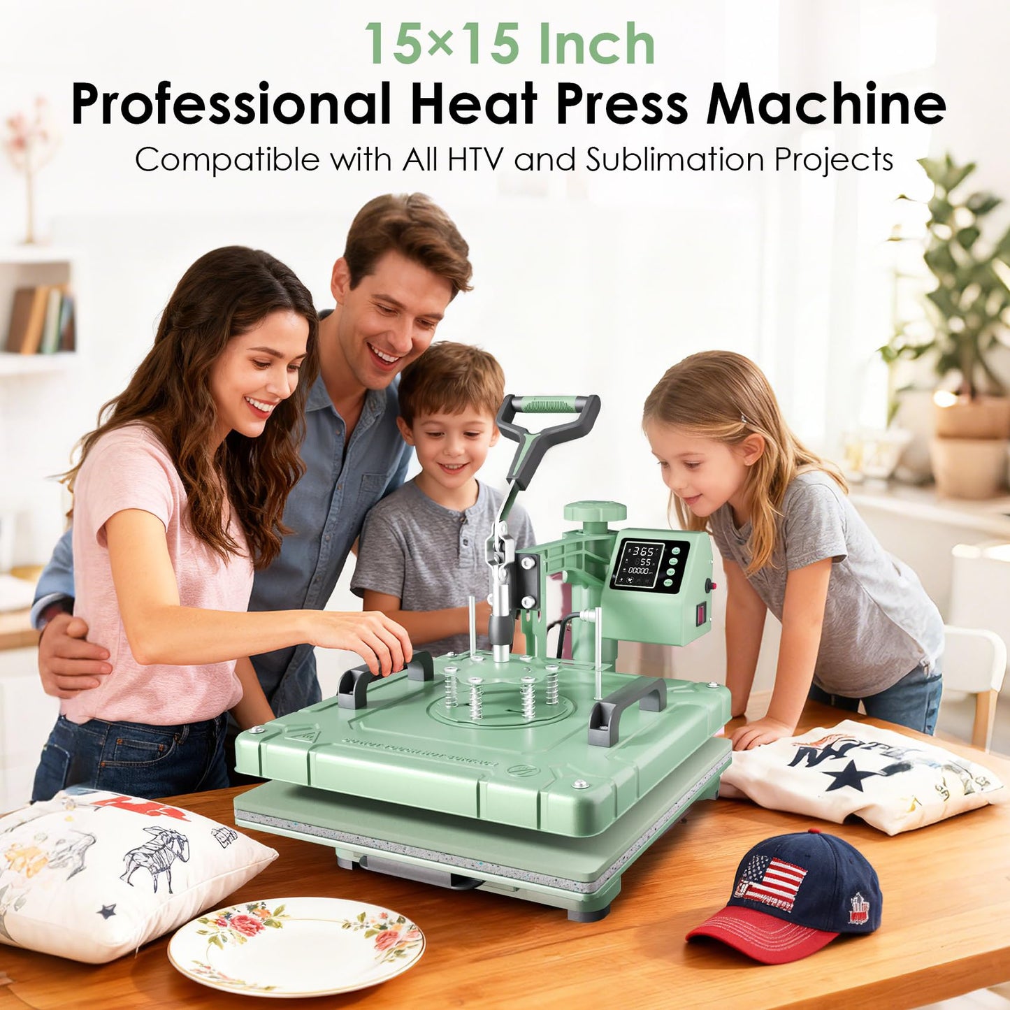 Seeutek Heat Press Machine 15x15 Inch, 5 in 1 Swing Away Sublimation Heat Transfer Press with 20oz & 30oz Tumbler Attachments for T-Shirts, Mugs, Hats & Plates, Green