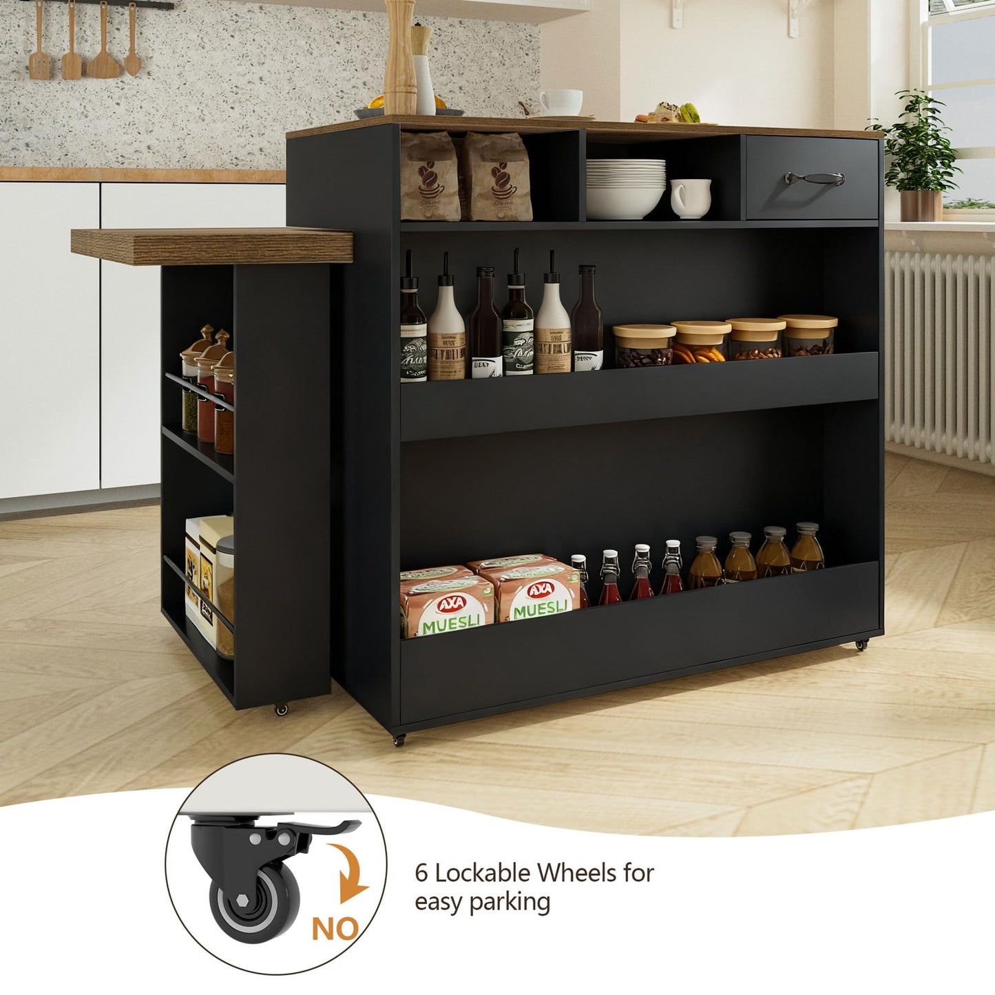 Kitchen Island with Extendable Table,Rolling Kitchen Table with Storage & Seating,Built in Power Outlet, Kitchen Island with Lockable Wheels for Kitchen Island Table with Drawers Rotatable Table Black