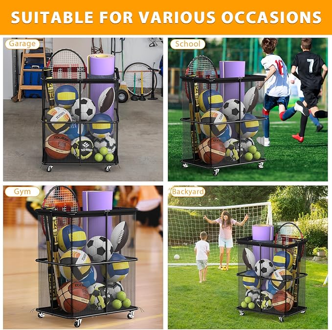 HEOMU Ball Storage Bin Rolling Garage Ball Storage Cart with Lockable Wheels, Metal Frame Mesh Basket Organizer with Zipper for Indoor Outdoor, Sports Equipment Organizer for Garage Gym School, Black