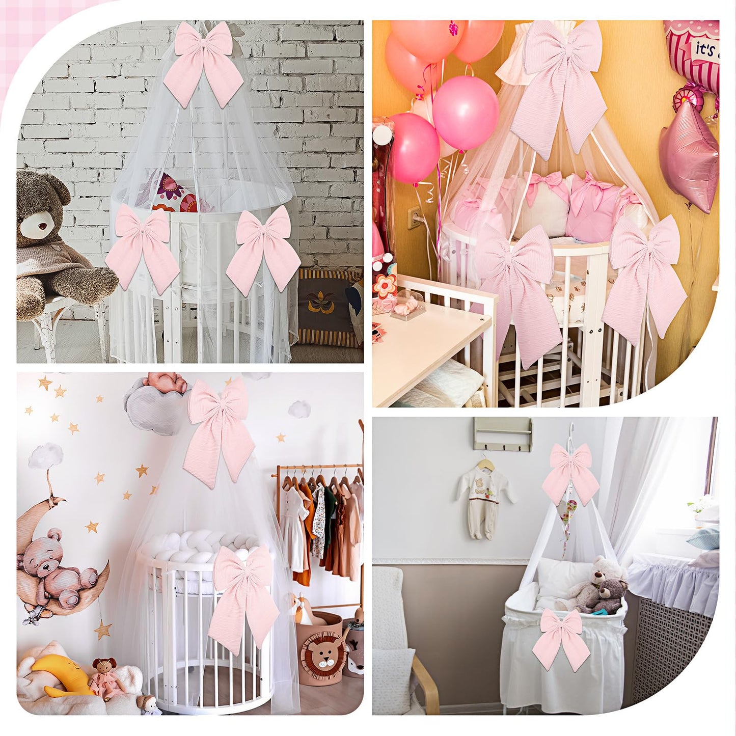 Riceshoot 4 Pcs Large Crib Bows 11 x 16 inch Coquette Bow Decorations for Nursery Crib Canopy Bed Large Bow Room Nursery Decor Infant Bassinet Bedroom Decor for Gender Reveal Gifts (Pink)
