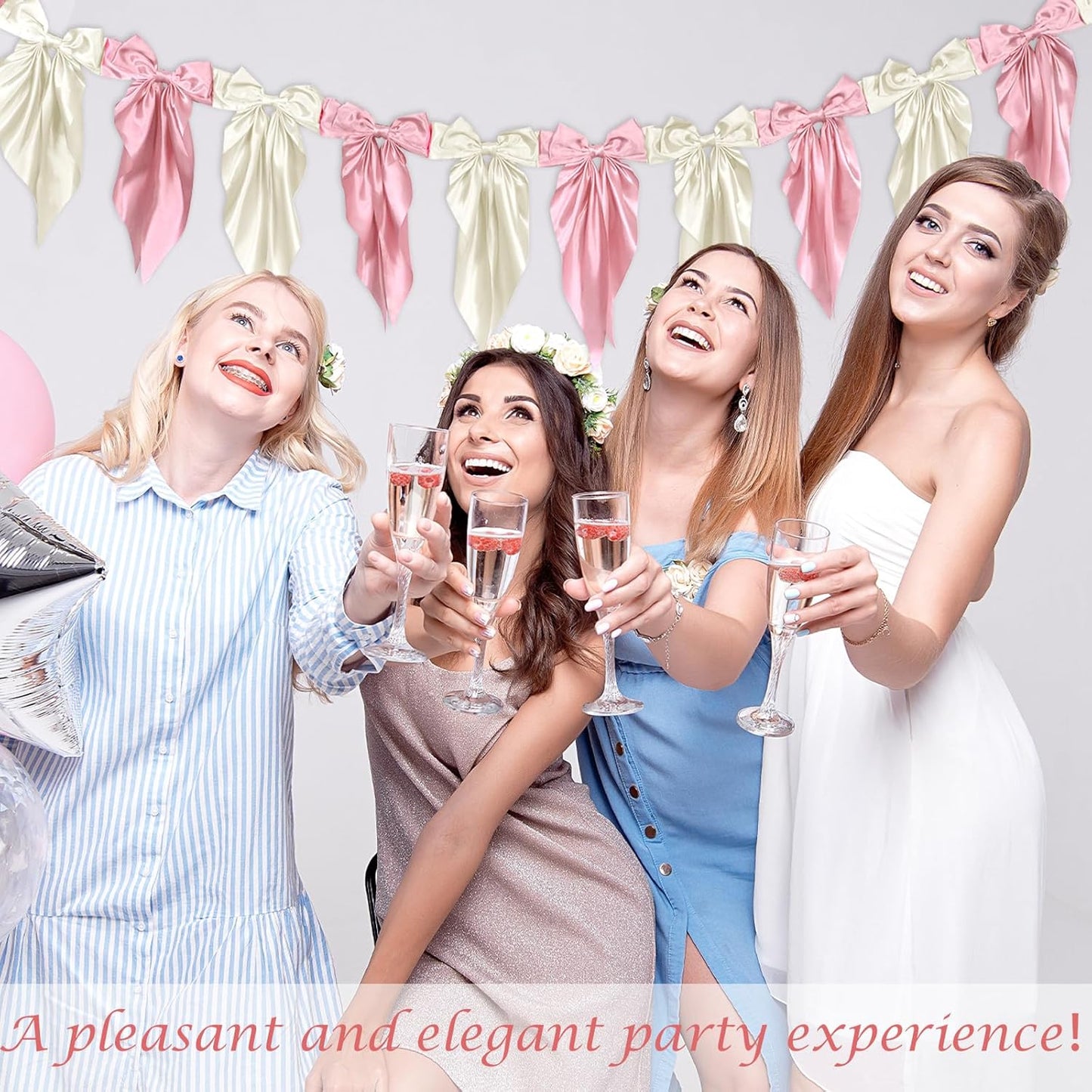 White Pink Bow Garland Banner - Satin Ribbon Decor for Fireplace | Perfect for Bachelorette, Bridal Shower, Birthday, and Wedding Parties