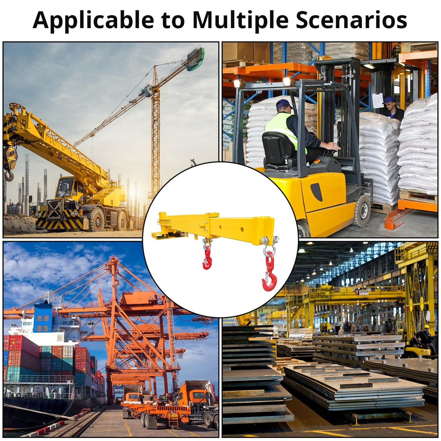 Adjustable Forklift Jib Boom Crane, Manual Telescopes 83“~149 in, Forklift Mobile Crane with Two 3 t Swivel Hooks, 6000 LBS Lift Capacity Forklift Crane for Warehouse or Factories