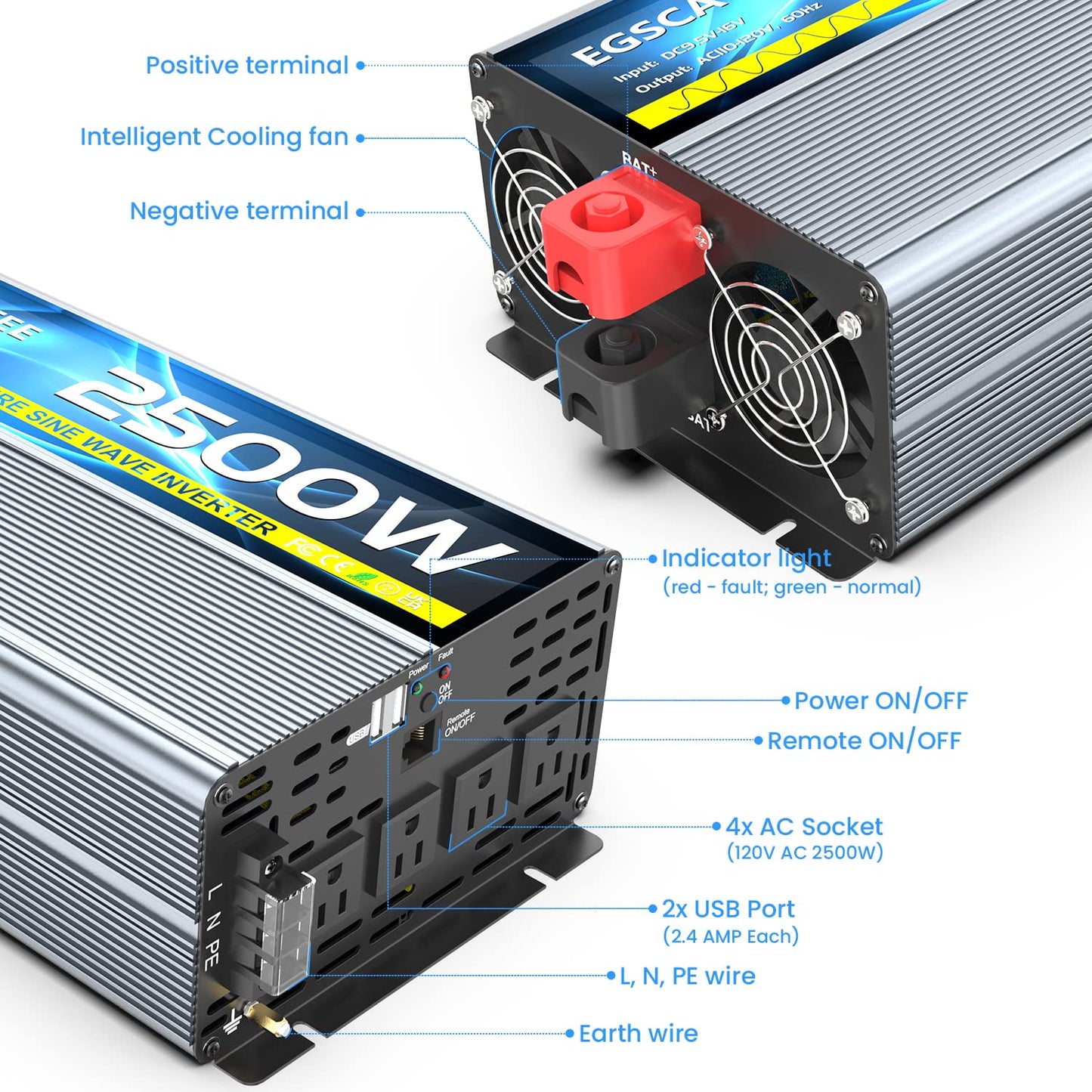 12V 2500W Pure Sine Wave Inverter 12V DC to 110V/120V AC Converter with 4AC Outlets, 5V/3.4A USB, Remote Control with on-Screen Display, Off-Grid Solar Power Inverter for Truck, Home, Vehicles, RV