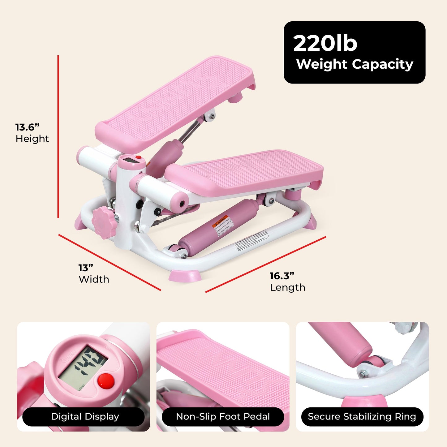 Sunny Health & Fitness Mini Stepper, Compact Home Workout Equipment for Legs & Glutes, Low-Impact Cardio Machine with Digital Monitor, Quiet Hydraulic Resistance, Pink
