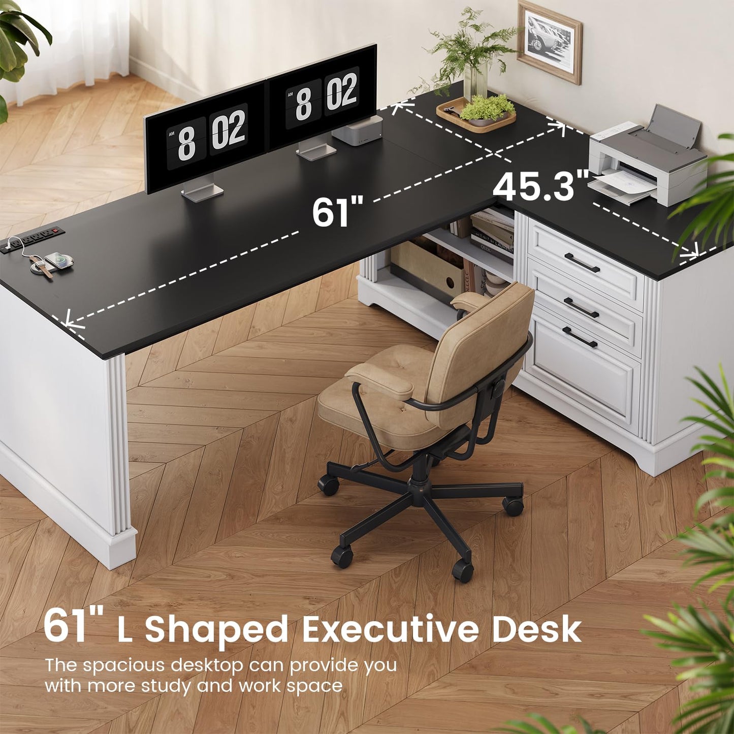 SEDETA Farmhouse 61" Executive L Shaped Desk, Home Office Desk with File Drawers, Computer Desk with Power Outlets and Storage Shelves for Home Office, White