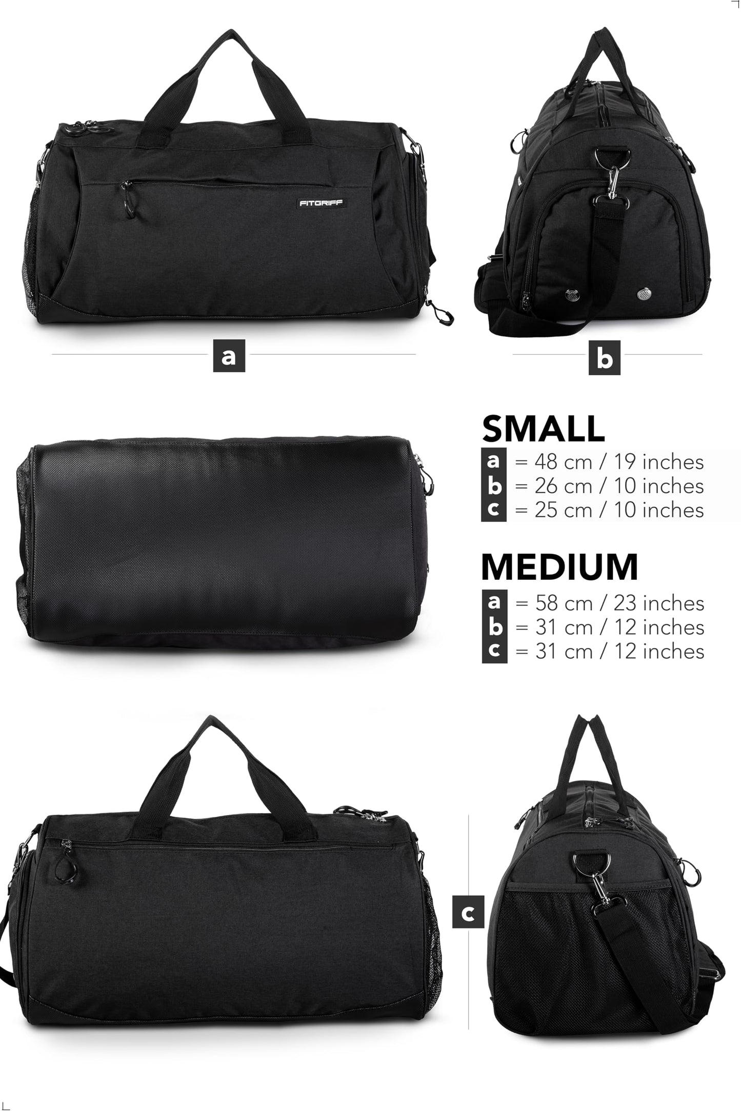 Fitgriff® Gym Bag for Men & Women with Shoe & Wet Compartment - Duffle Bag for Travel, Sports, Fitness & Workout (Full Black, 19 x 10 x 10″ (Small))
