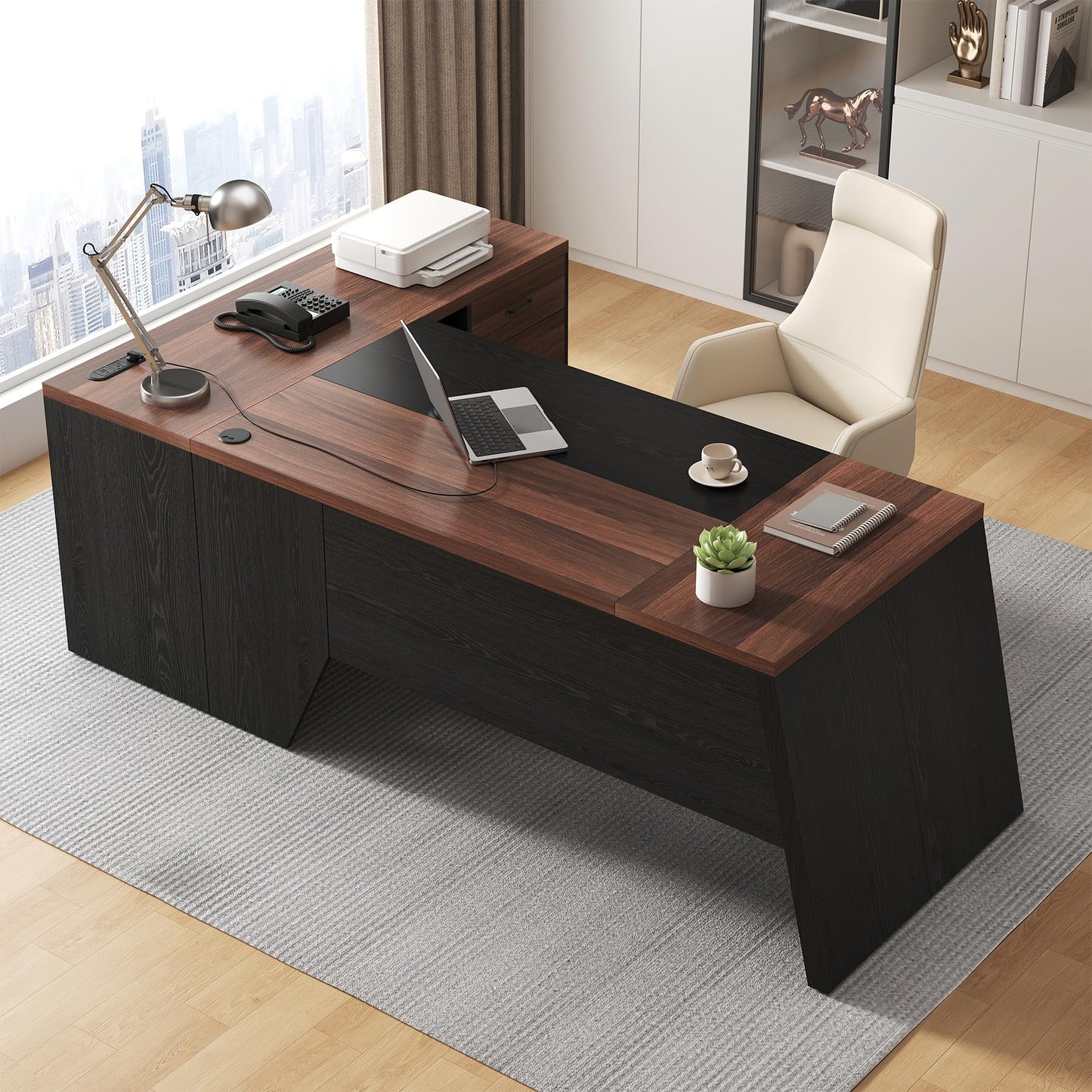 Epecoya L-Shaped Executive Desk with Drawer, 78-Inch Large Home Office Desk with Cord Hold and Power Outlet, Modern Computer Table with Lateral File Cabinet,Open Shelf and PC Stand, Walnut Brown Black