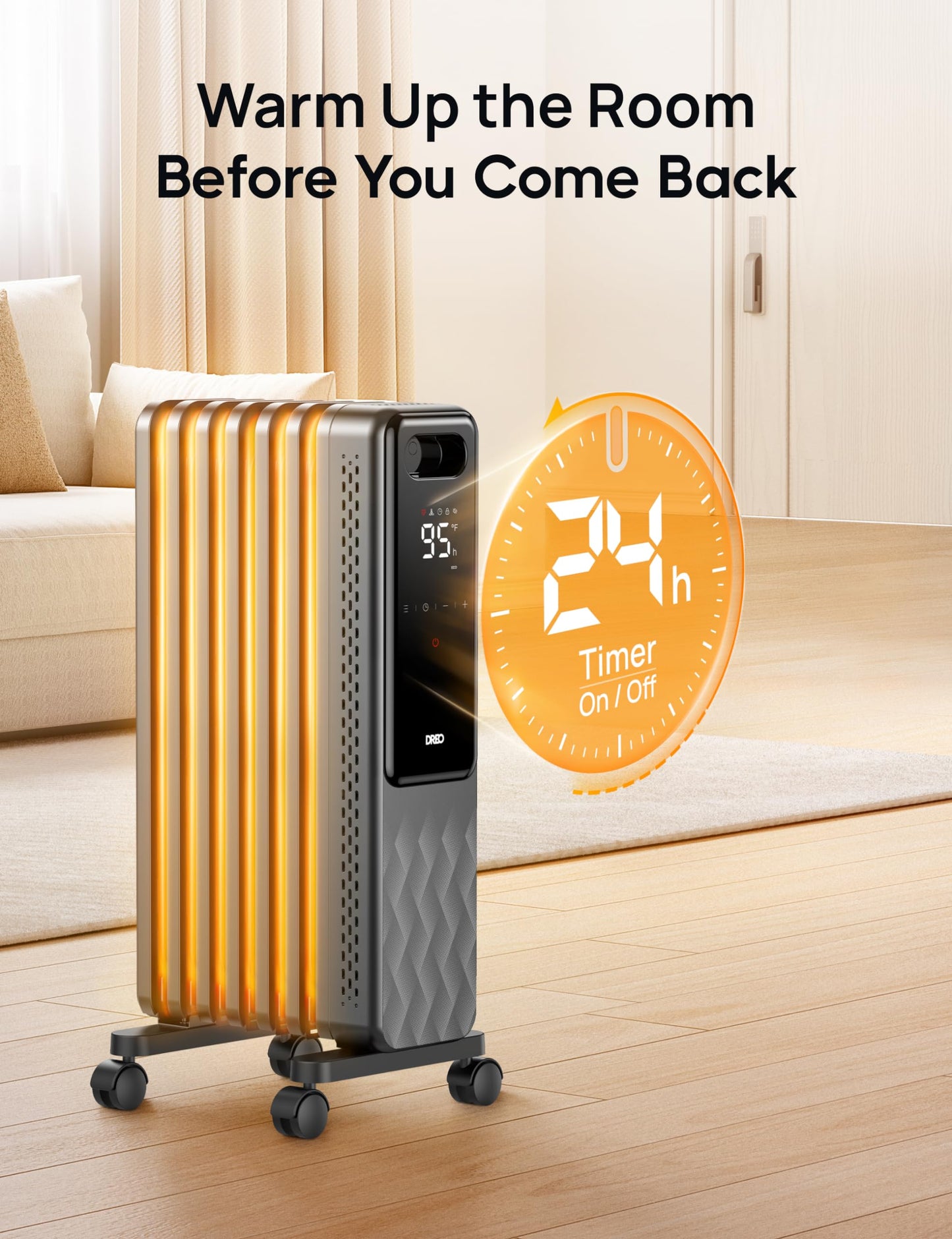 DREO Oil Filled Radiator, Electric Radiant Heaters for indoor use Large Room with Remote Control, Child Lock, 4 Modes, Overheat & Tip-Over Protection, 24h Timer, Digital Thermostat, Quiet, 1500W