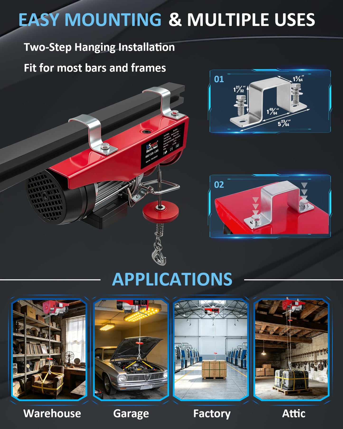 USYATO 1320 lbs Electric Hoist with 14.1 ft Wired Control,110V Electric Winch with Emergency Stop Switch,Zinc-Plated Steel Wire Hoist,Material Handling Tool for Warehouse,Garage,Factory,Attic